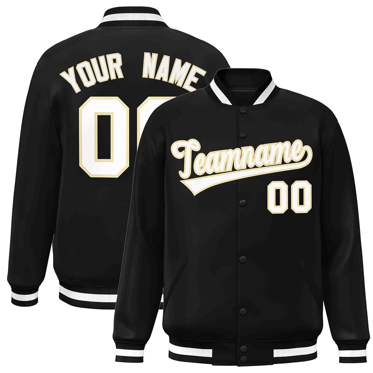 Custom Black White-Khaki Classic Style Varsity Full-Snap Letterman Jacket | KXKSHOP