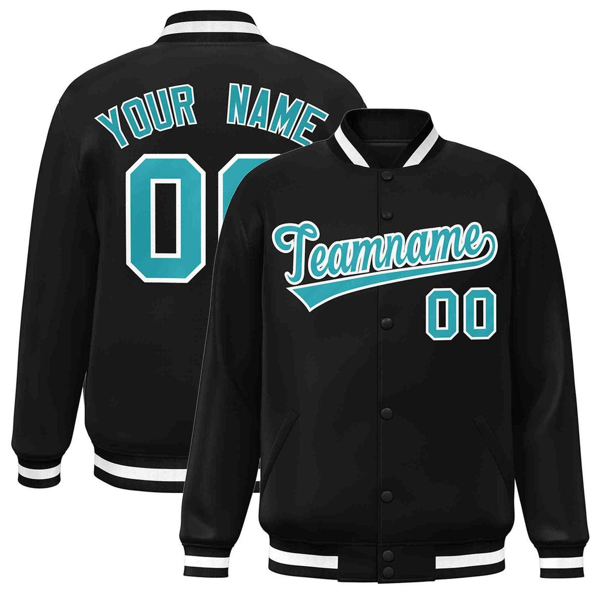 Custom Black Aqua-White Classic Style Varsity Full-Snap Letterman Jacket | KXKSHOP