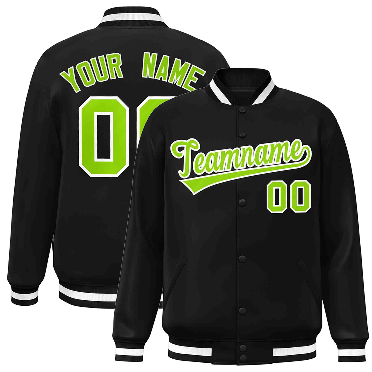 Custom Black Neon Green-White Classic Style Varsity Full-Snap Letterman Jacket | KXKSHOP