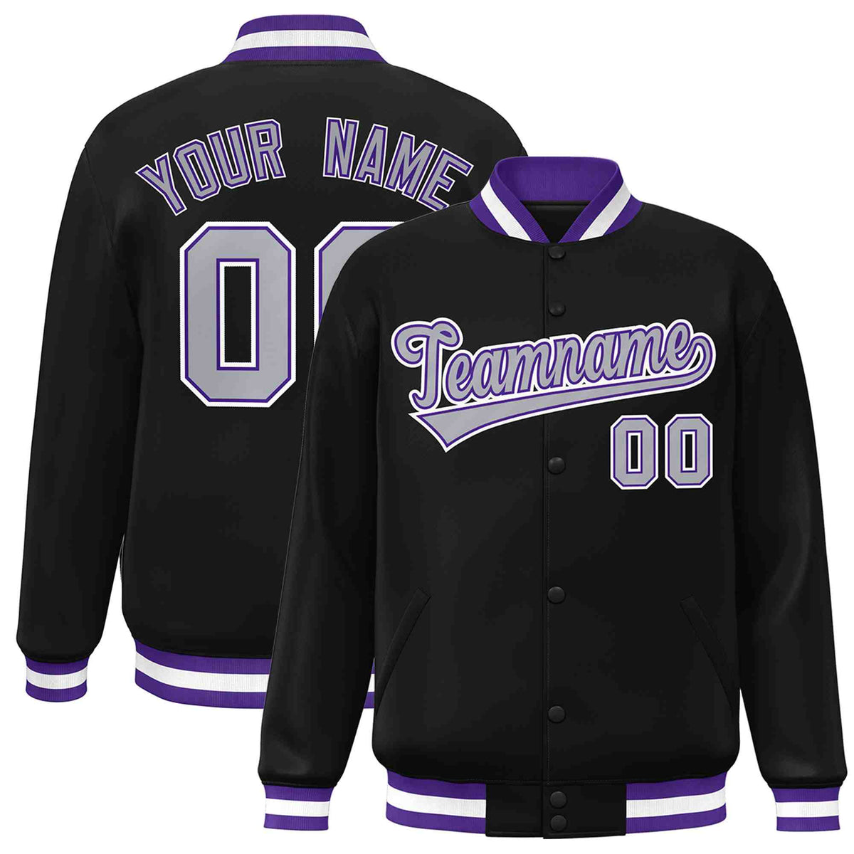 Custom Black Gray-Purple Classic Style Varsity Full-Snap Letterman Jacket | KXKSHOP