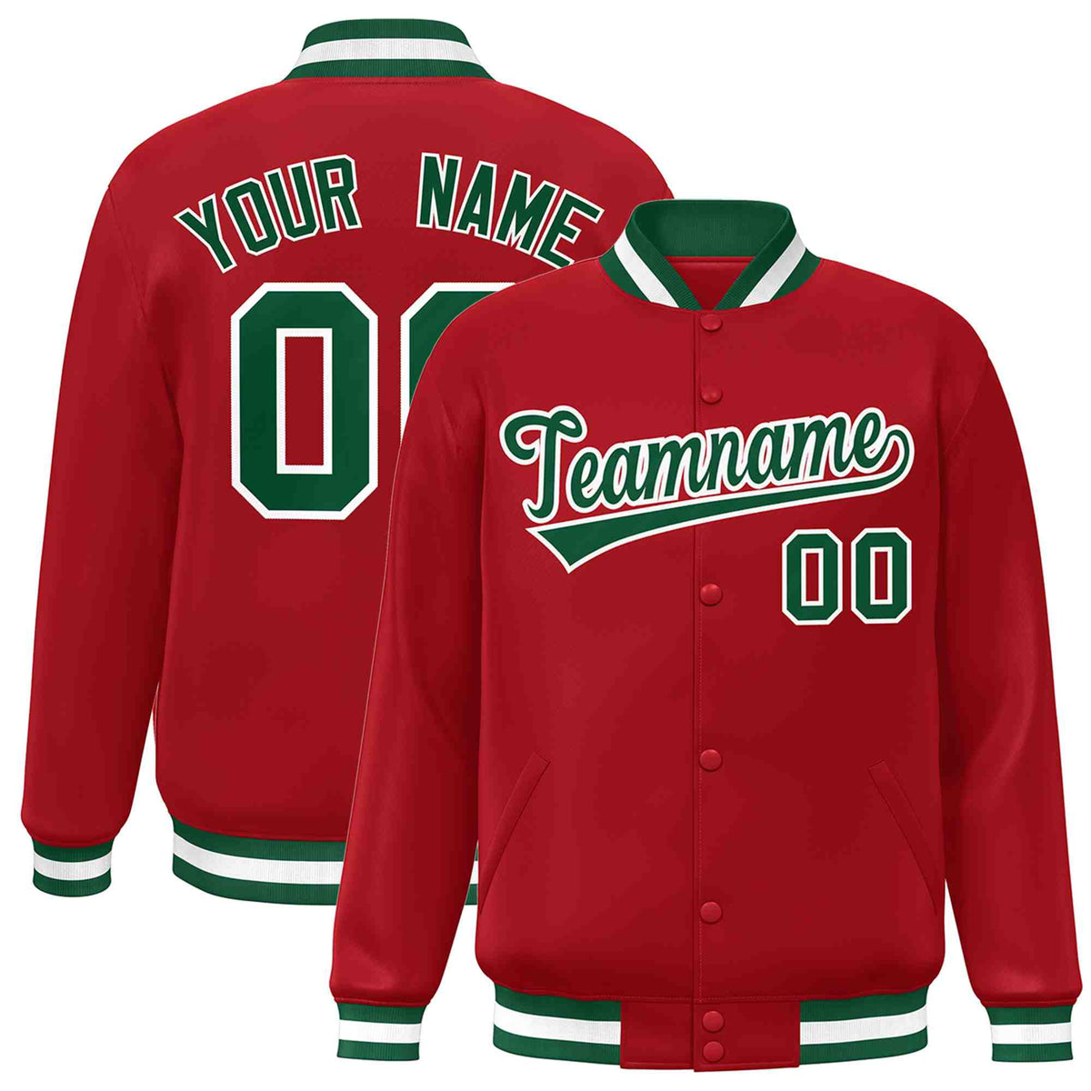 Custom Red Green-White Classic Style Varsity Full-Snap Letterman Jacket | KXKSHOP