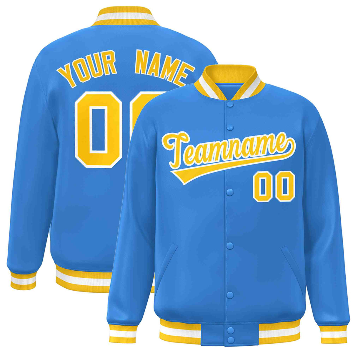 Custom Powder Blue Gold-White Classic Style Varsity Full-Snap Letterman Jacket | KXKSHOP