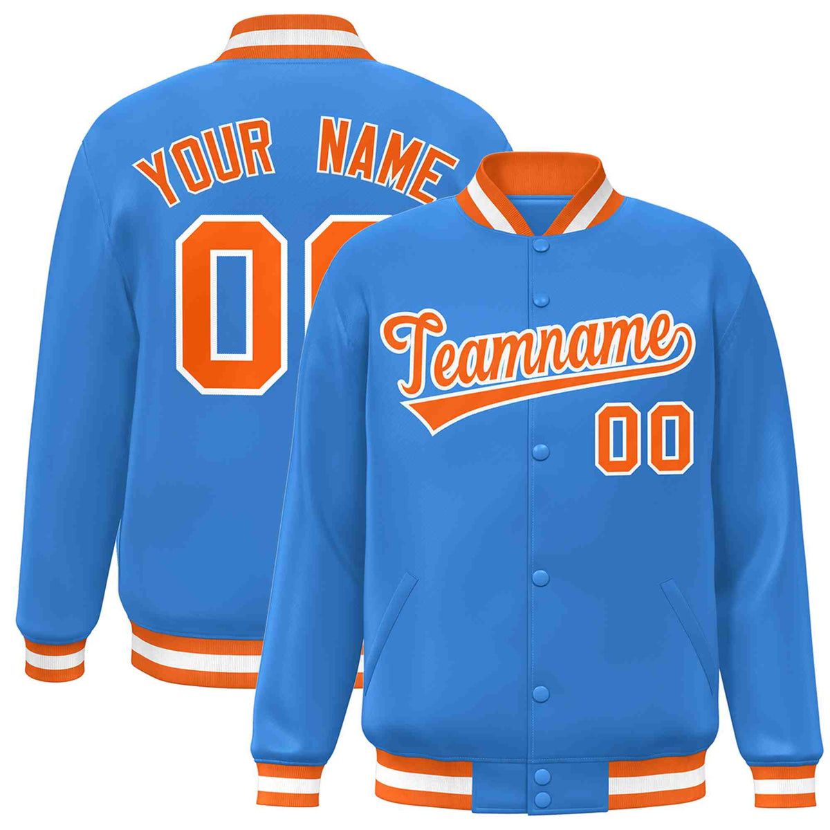 Custom Powder Blue Orange-White Classic Style Varsity Full-Snap Letterman Jacket | KXKSHOP