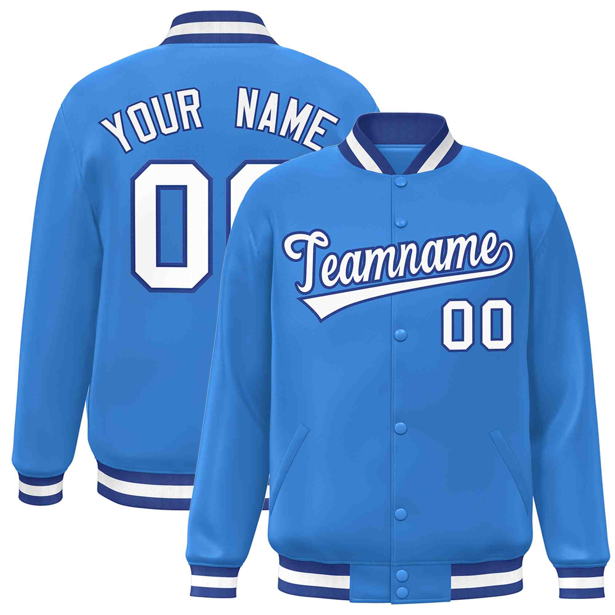 Custom Powder Blue White-Royal Classic Style Varsity Full-Snap Letterman Jacket | KXKSHOP