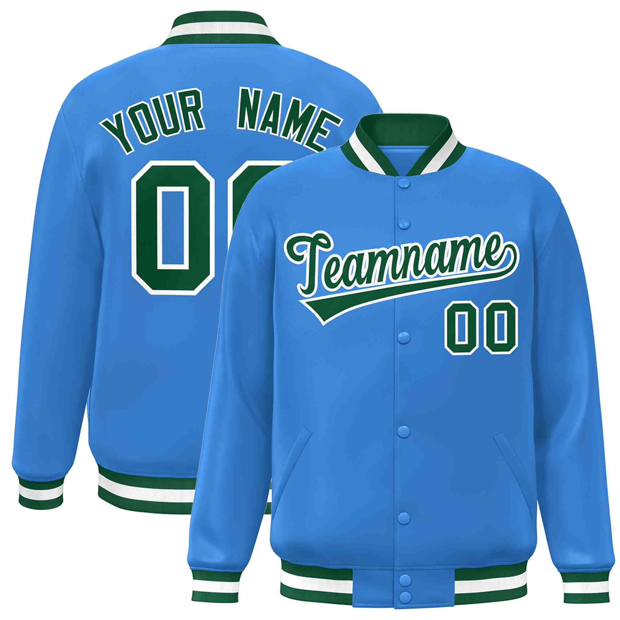 Custom Powder Blue Green-White Classic Style Varsity Full-Snap Letterman Jacket | KXKSHOP
