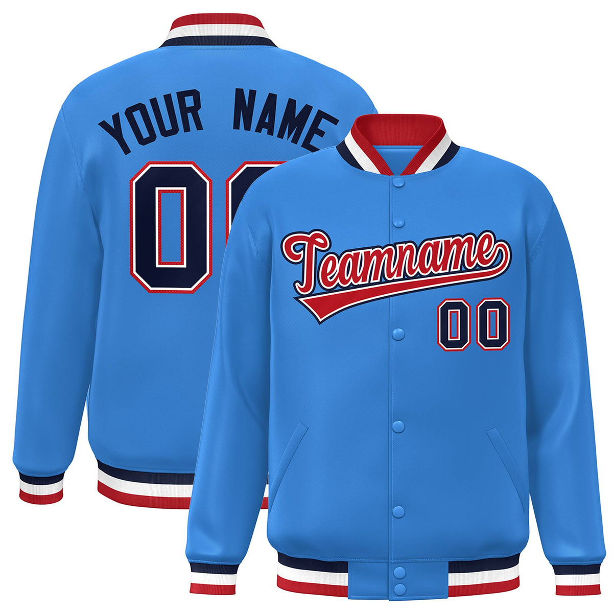 Custom Powder Blue Red-White Classic Style Varsity Full-Snap Letterman Jacket | KXKSHOP