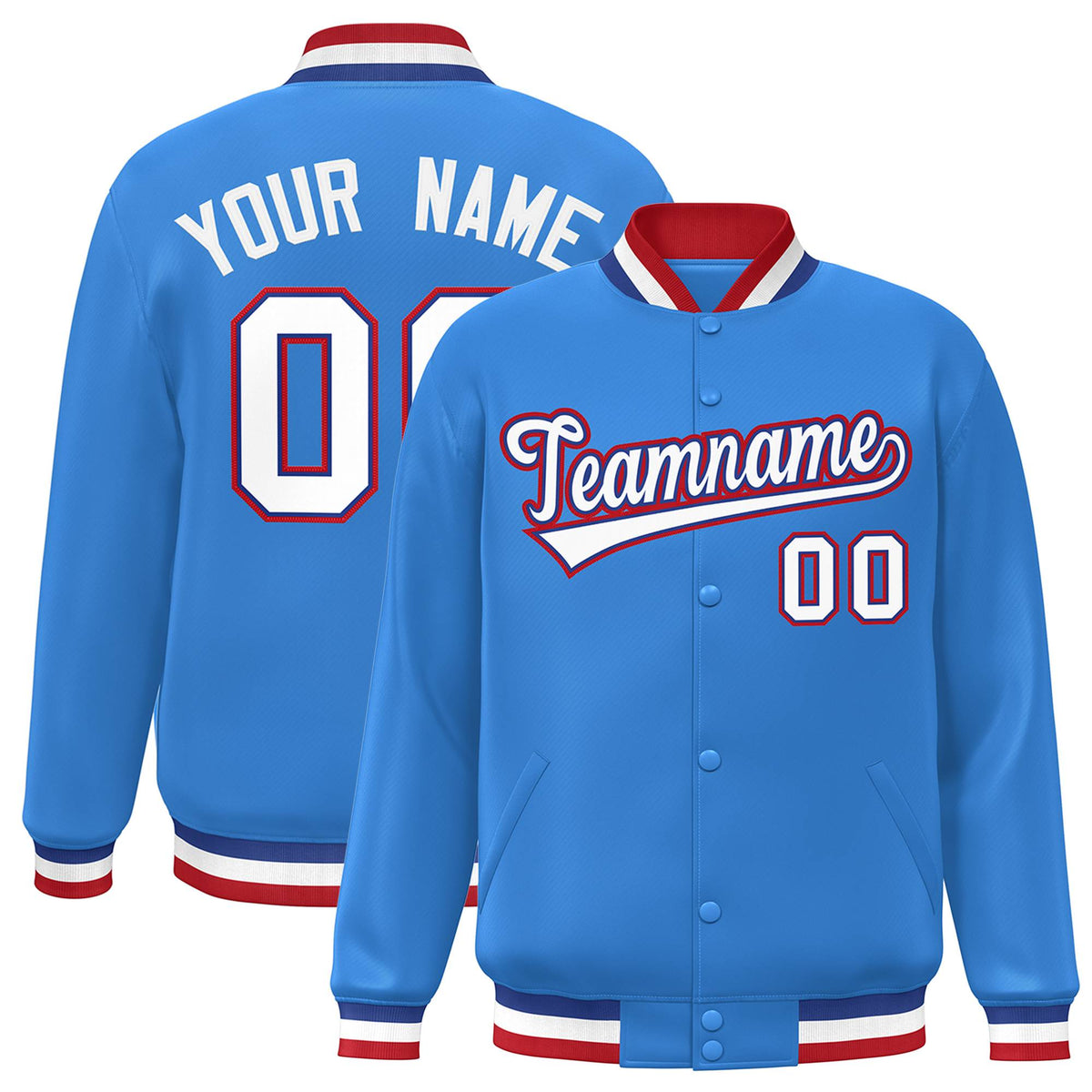 Custom Powder Blue White-Royal Classic Style Varsity Full-Snap Letterman Jacket | KXKSHOP