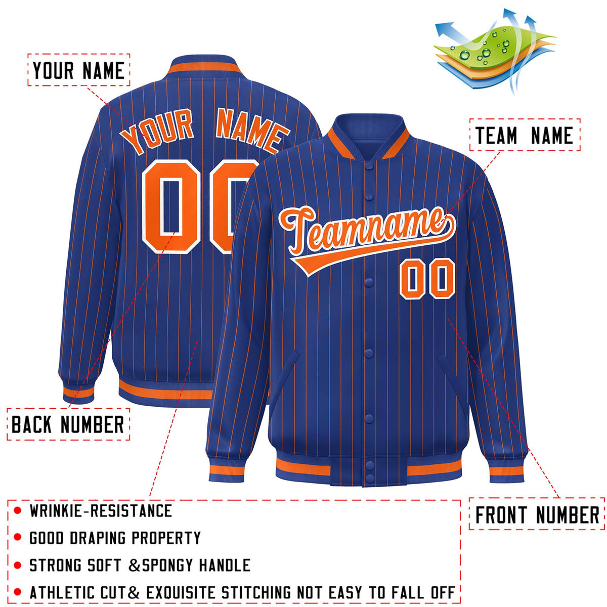 Custom Royal Orange-White Stripe Fashion Letterman Bomber Varsity Jacket