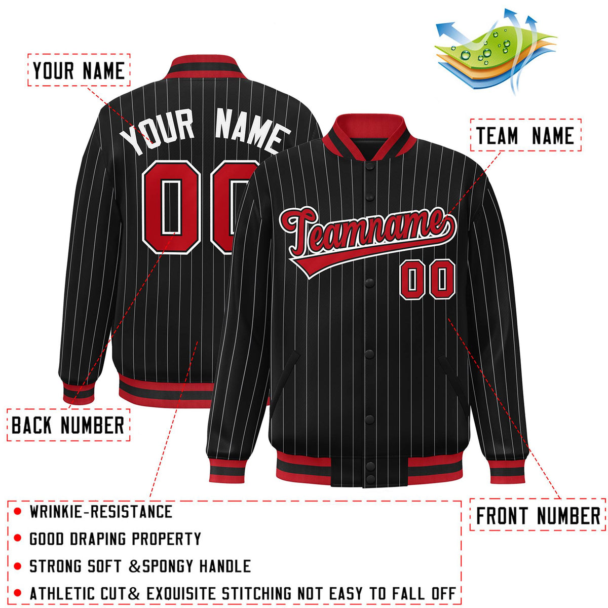 Custom Black Red-White Varsity Stripe Fashion Full-Snap Bomber Jacket