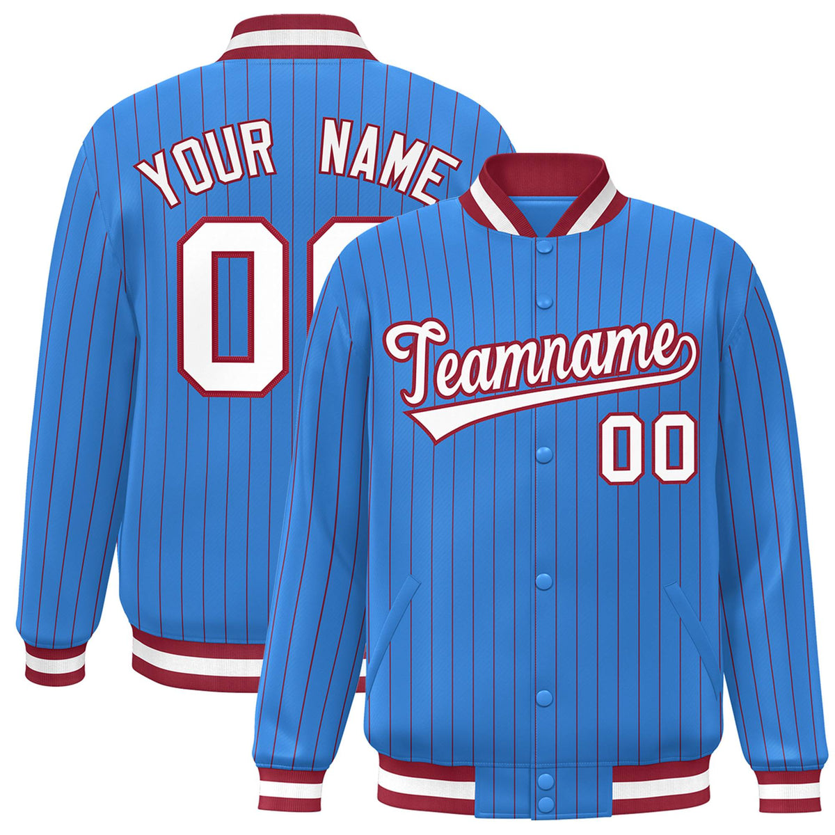 Custom Powder Blue White-Red Stripe Fashion Letterman Bomber Varsity Jacket