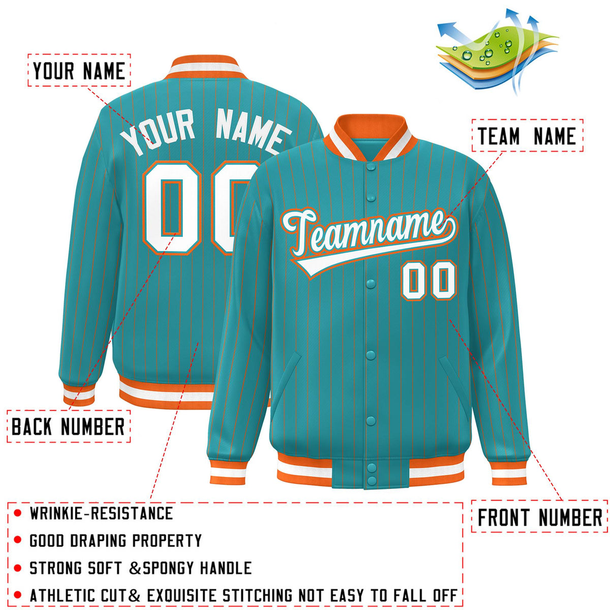 Custom Aqua White-Orange Personalized Bomber Stripe Fashion Varsity Full-Snap Jacket