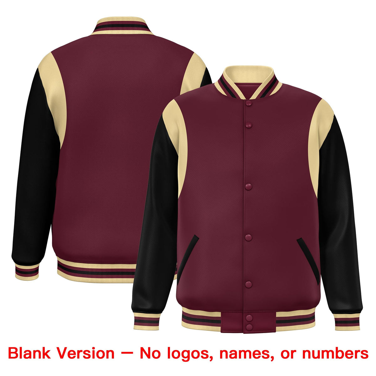 Custom Crimson Black-Khaki Color Block Bomber Varsity Full-Snap Baseball Jacket