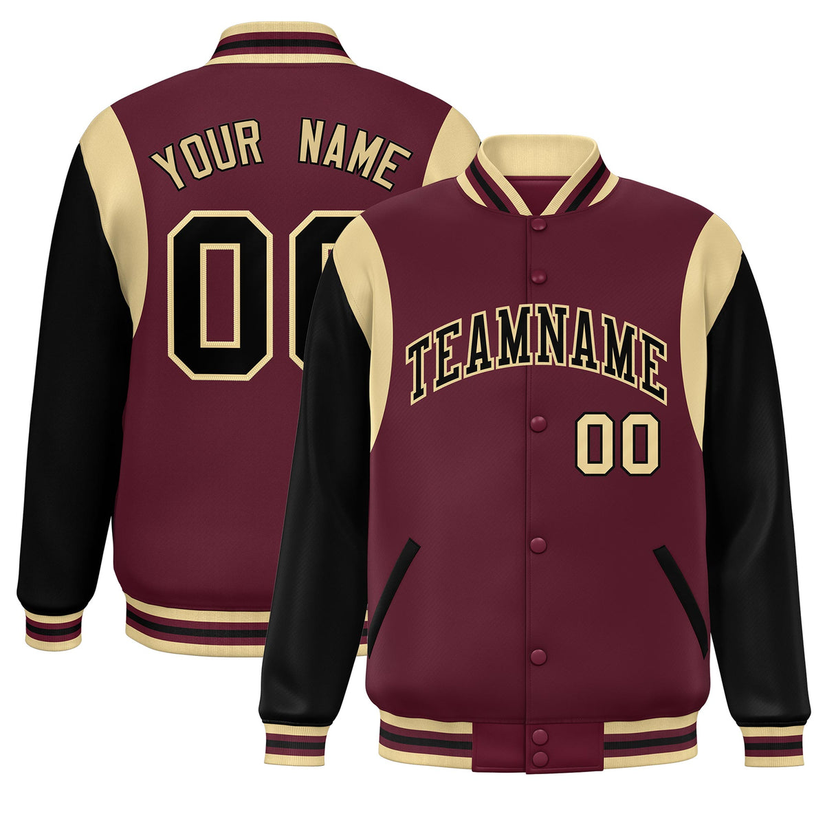 Custom Crimson Black-Khaki Color Block Bomber Varsity Full-Snap Baseball Jacket