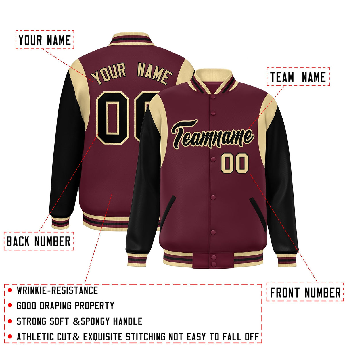 Custom Crimson Black-Khaki Color Block Bomber Varsity Full-Snap Baseball Jacket