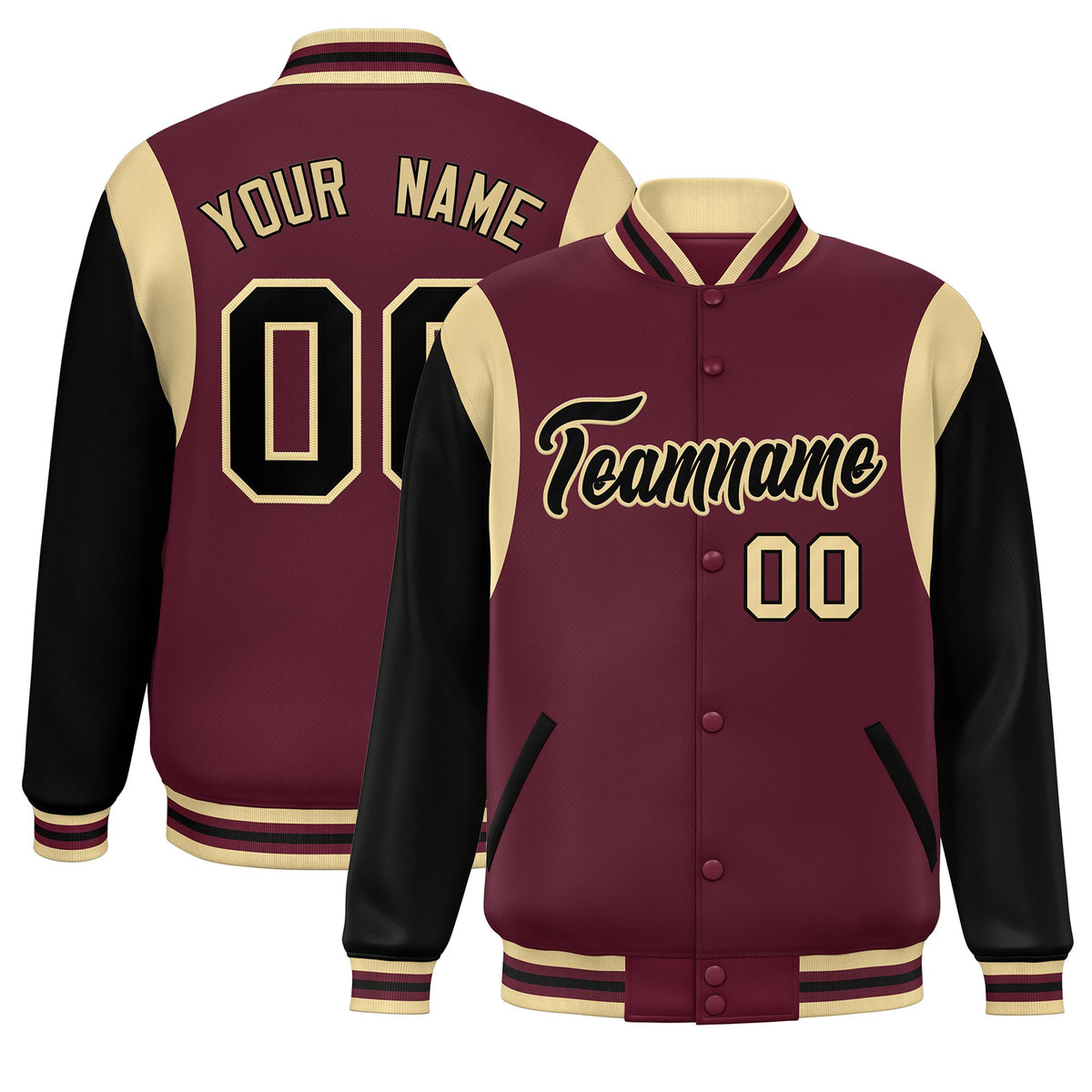 Custom Crimson Black-Khaki Color Block Bomber Varsity Full-Snap Baseball Jacket