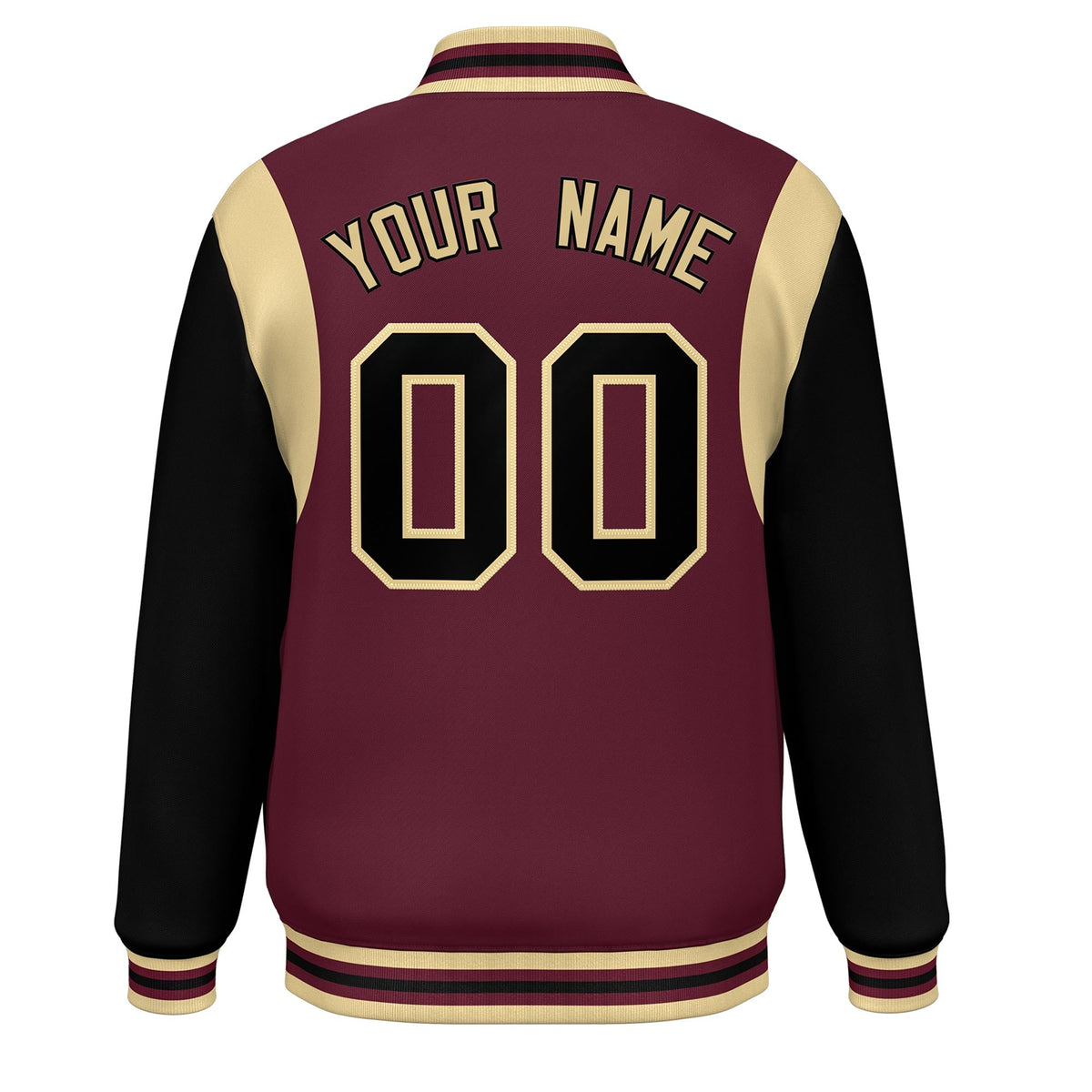 Custom Crimson Black-Khaki Color Block Bomber Varsity Full-Snap Baseball Jacket
