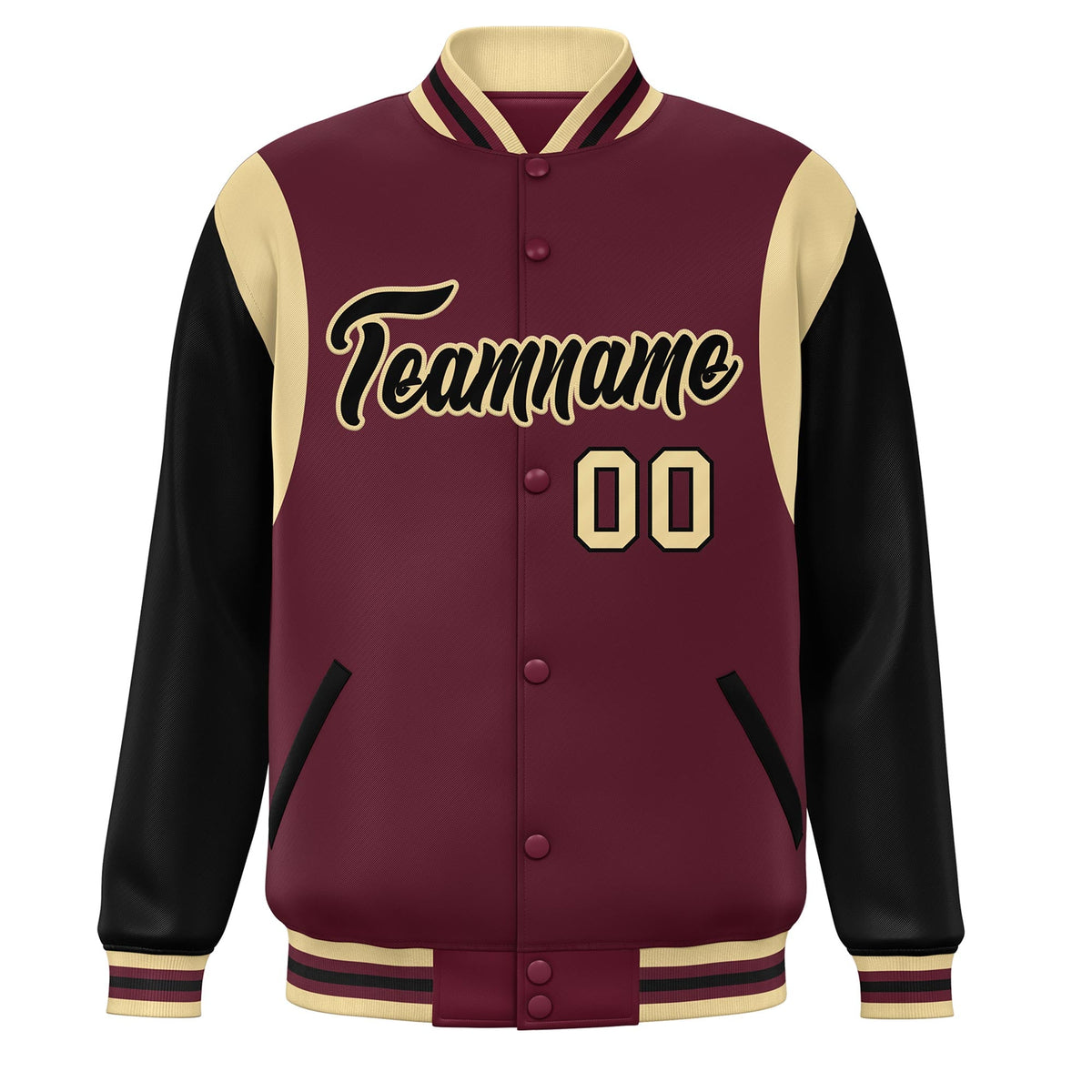 Custom Crimson Black-Khaki Color Block Bomber Varsity Full-Snap Baseball Jacket