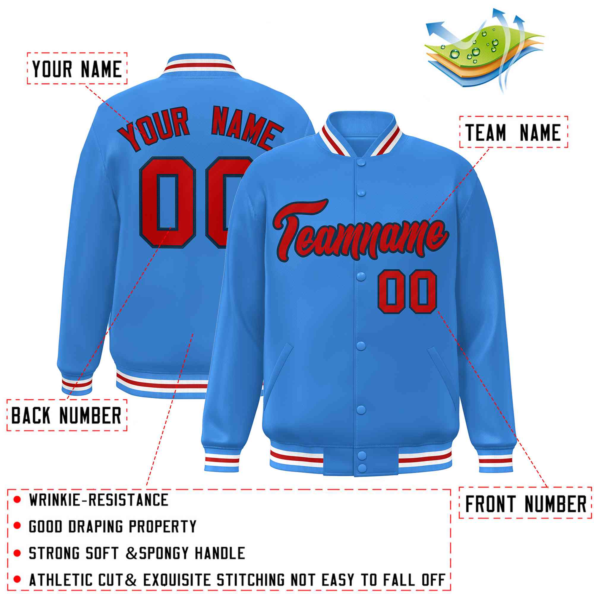 Custom Powder Blue Red-Navy Classic Style Varsity Full-Snap Letterman Jacket