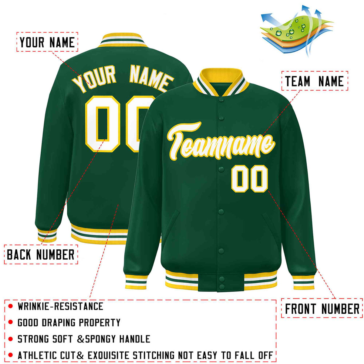 Custom Green White-Gold Classic Style Varsity Full-Snap Letterman Jacket