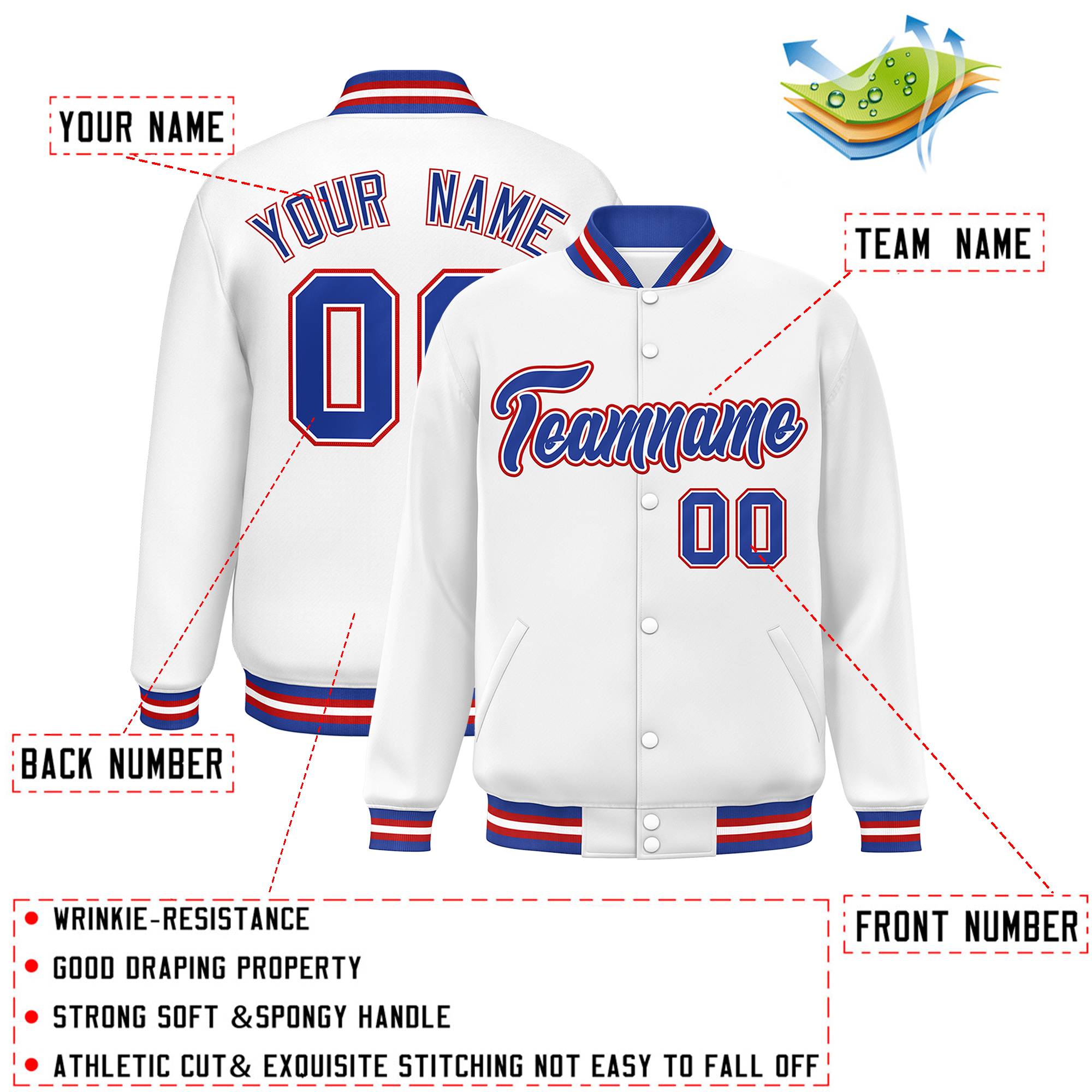 Custom White Royal-White Classic Style Varsity Full-Snap Letterman Jacket