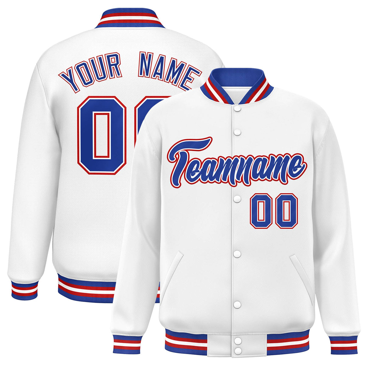 Custom White Royal-White Classic Style Varsity Full-Snap Letterman Jacket