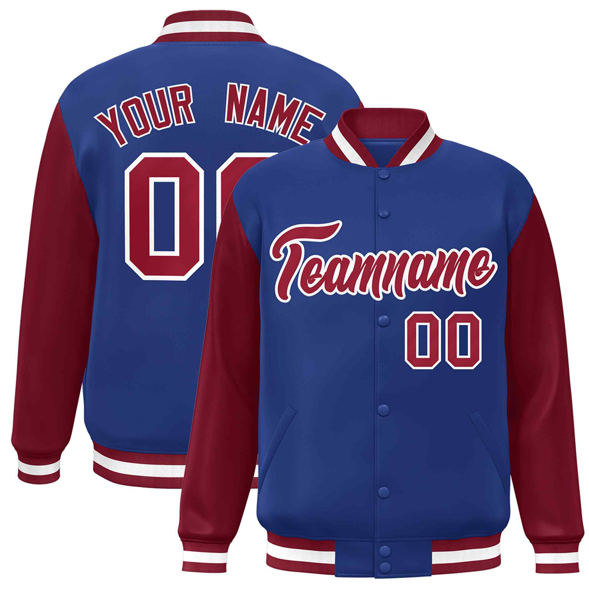 Custom Royal Crimson-White Raglan Sleeves Varsity Full-Snap Letterman Jacket