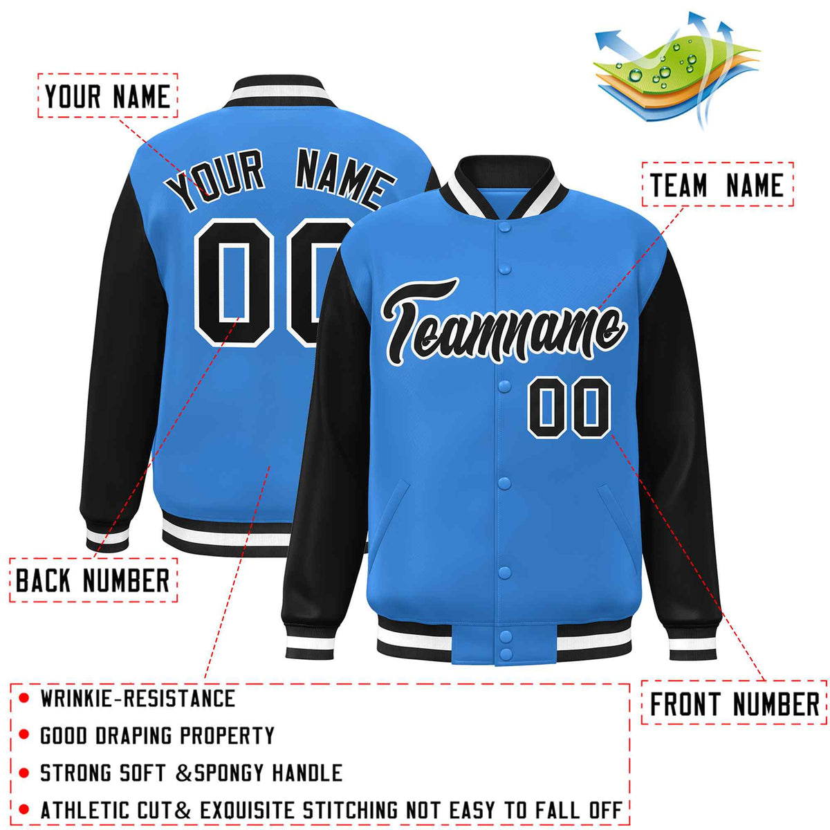 Custom Powder Blue Black-White Raglan Sleeves Varsity Full-Snap Letterman Jacket