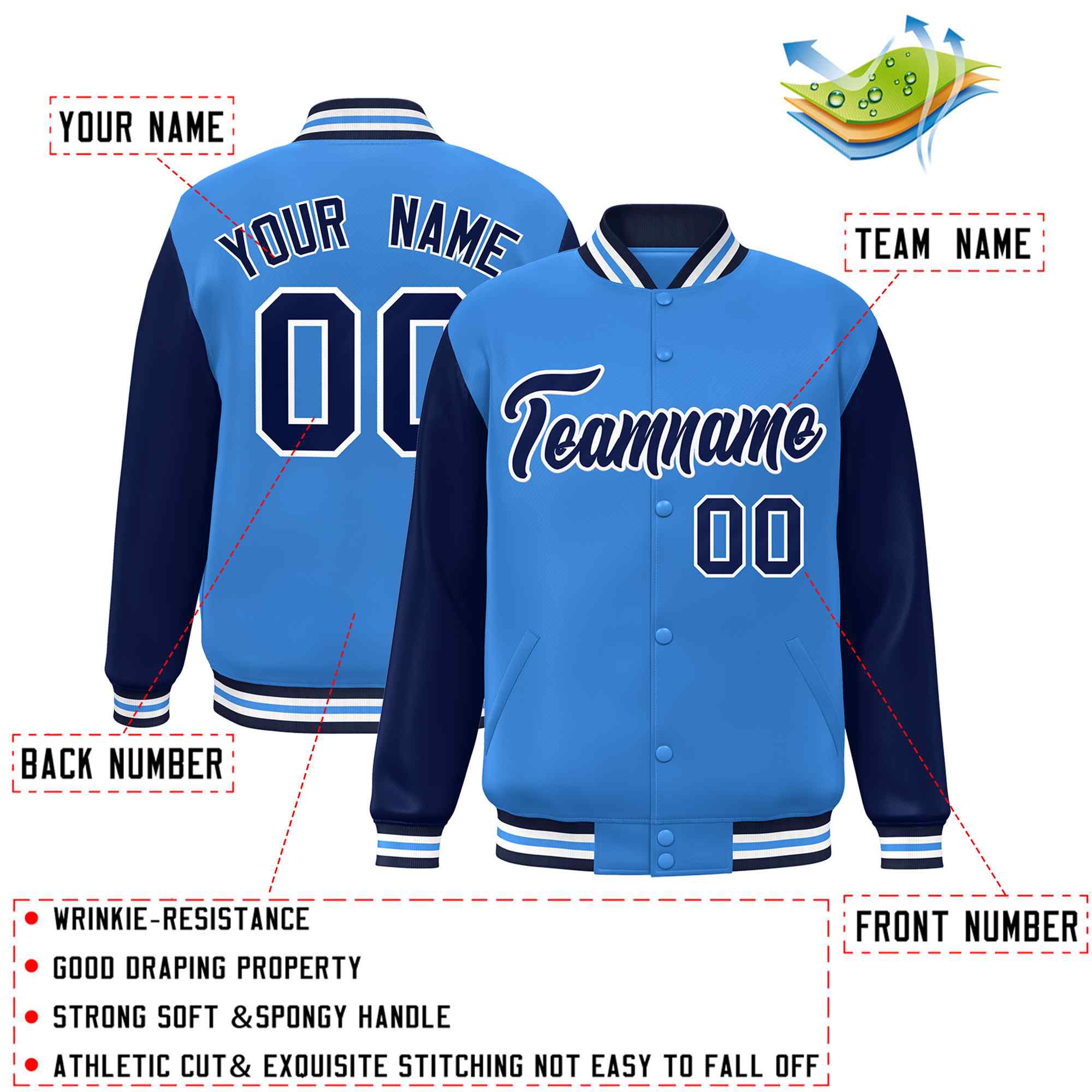 Custom Powder Blue Navy-White Raglan Sleeves Varsity Full-Snap Letterman Jacket