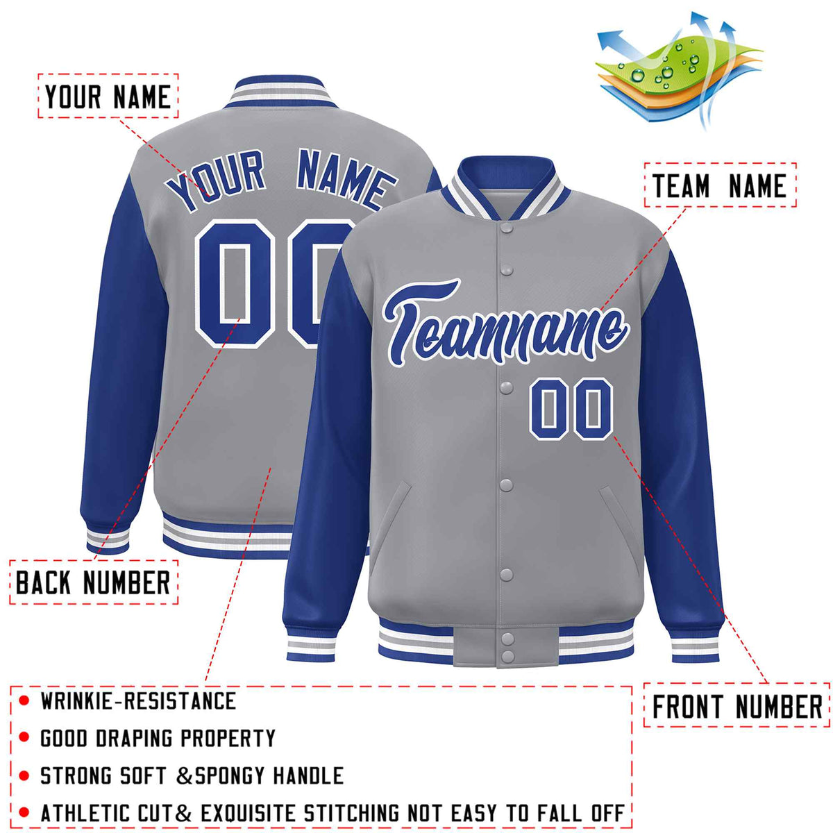 Custom Gray Royal-White Raglan Sleeves Varsity Full-Snap Letterman Jacket