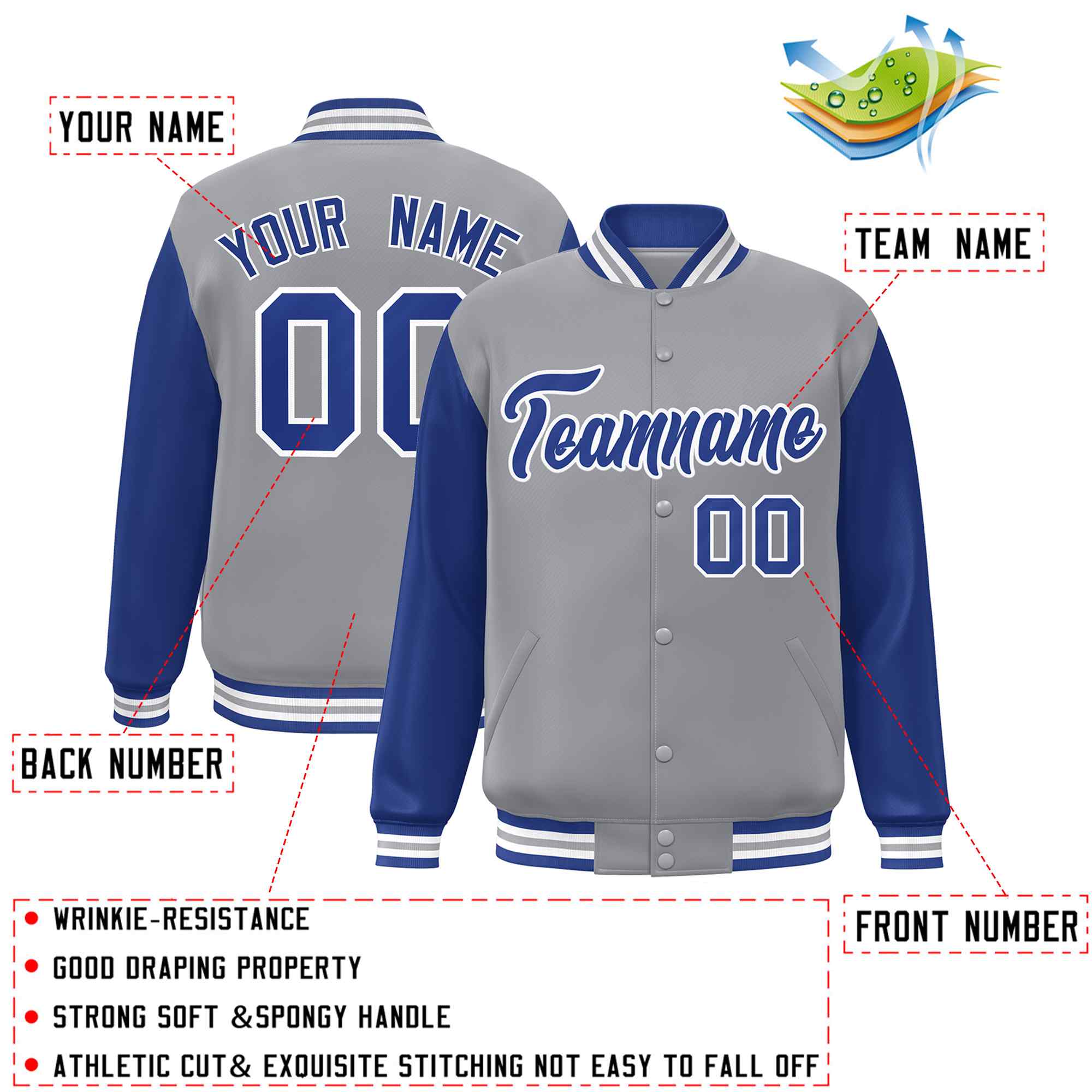 Custom Gray Royal-White Raglan Sleeves Varsity Full-Snap Letterman Jacket
