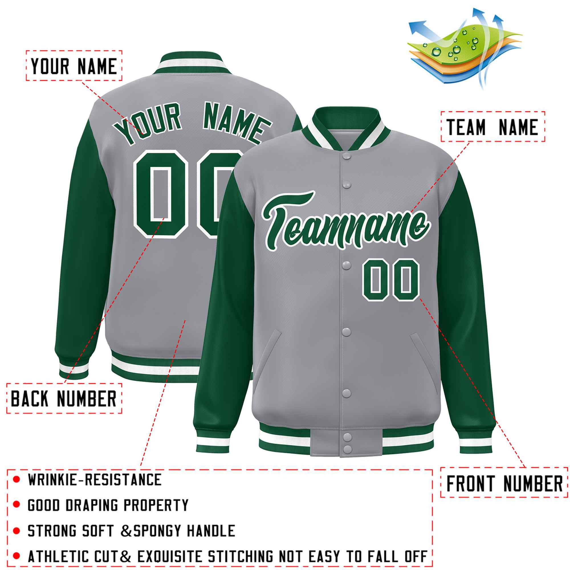Custom Gray Green-White Raglan Sleeves Varsity Full-Snap Letterman Jacket