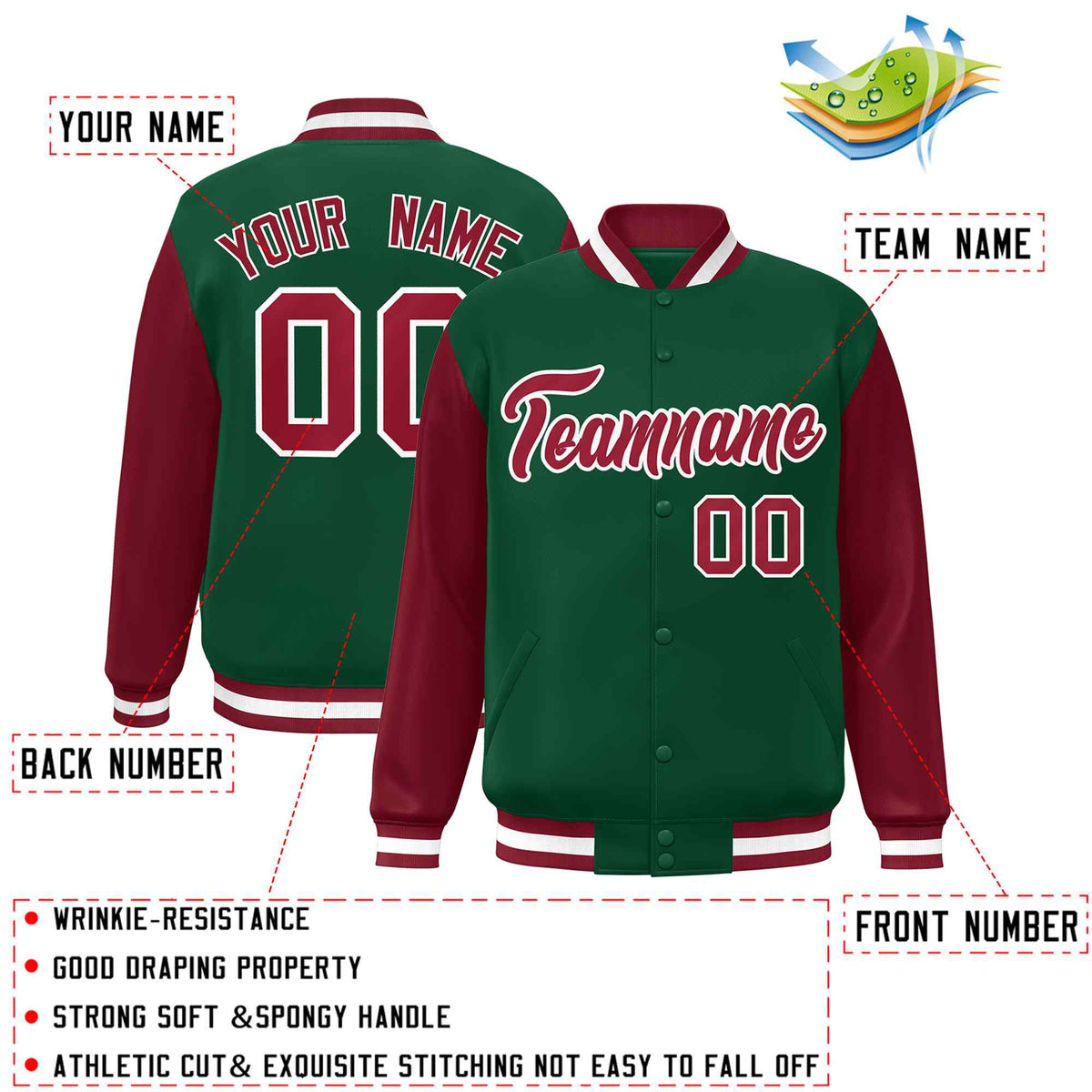 Custom Green Crimson-White Raglan Sleeves Varsity Full-Snap Letterman Jacket