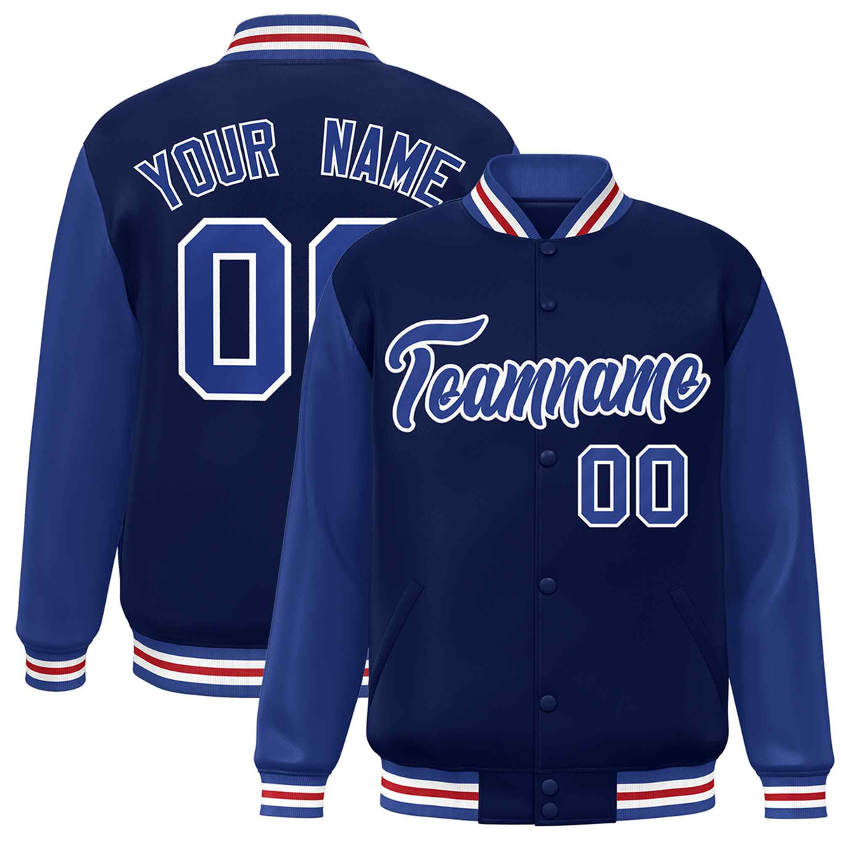 Custom Navy Royal-White Raglan Sleeves Varsity Full-Snap Letterman Jacket