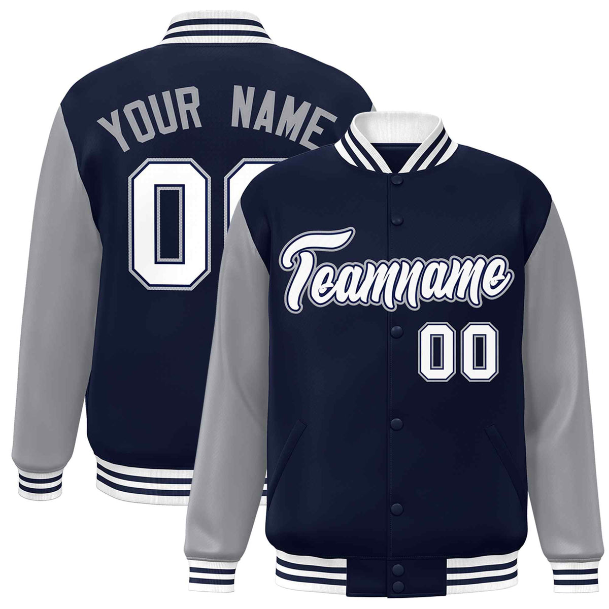 Custom Navy White-Navy Raglan Sleeves Varsity Full-Snap Letterman Jacket