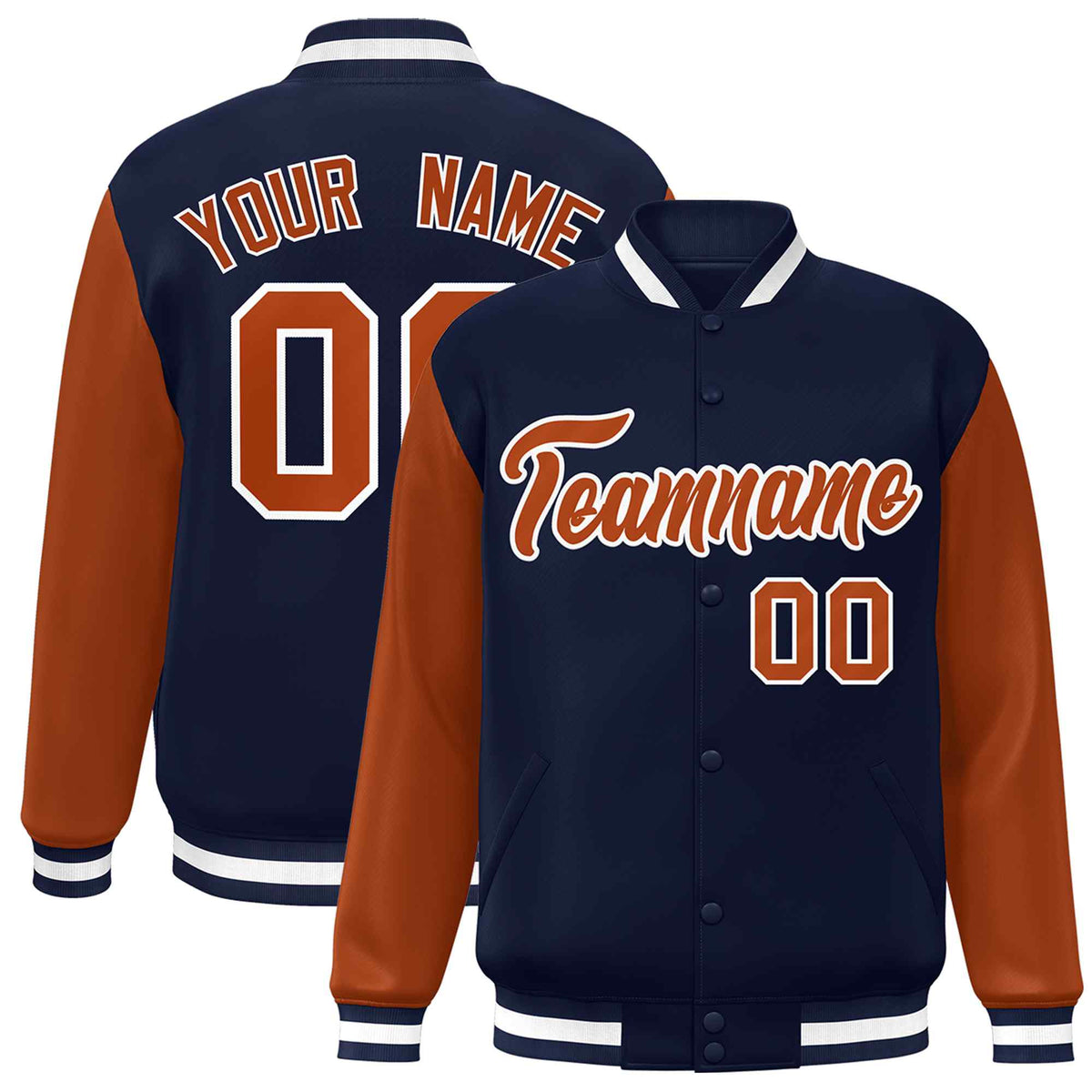 Custom Navy Texas Orange-White Raglan Sleeves Varsity Full-Snap Letterman Jacket