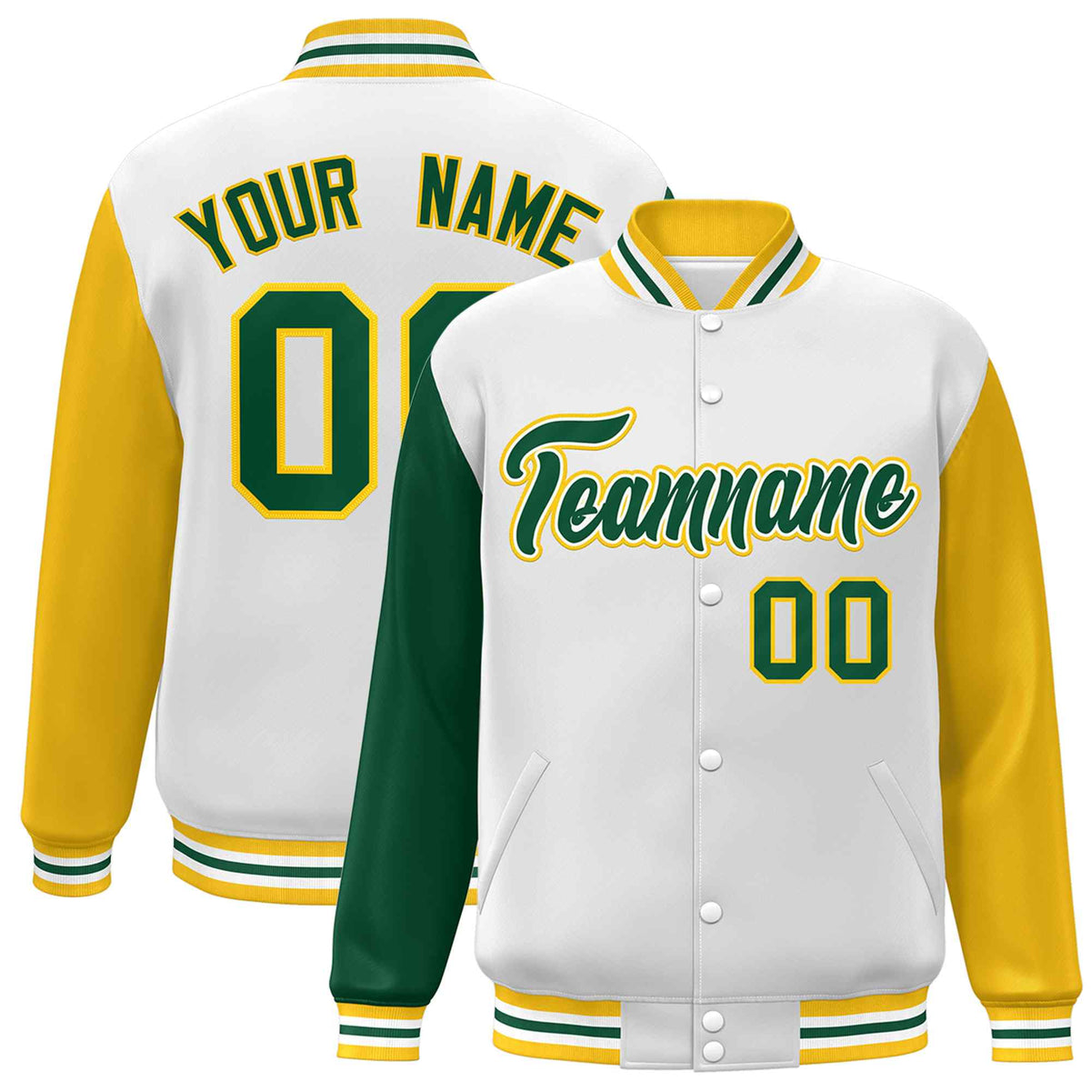 Custom White Green-White Raglan Sleeves Varsity Full-Snap Letterman Jacket