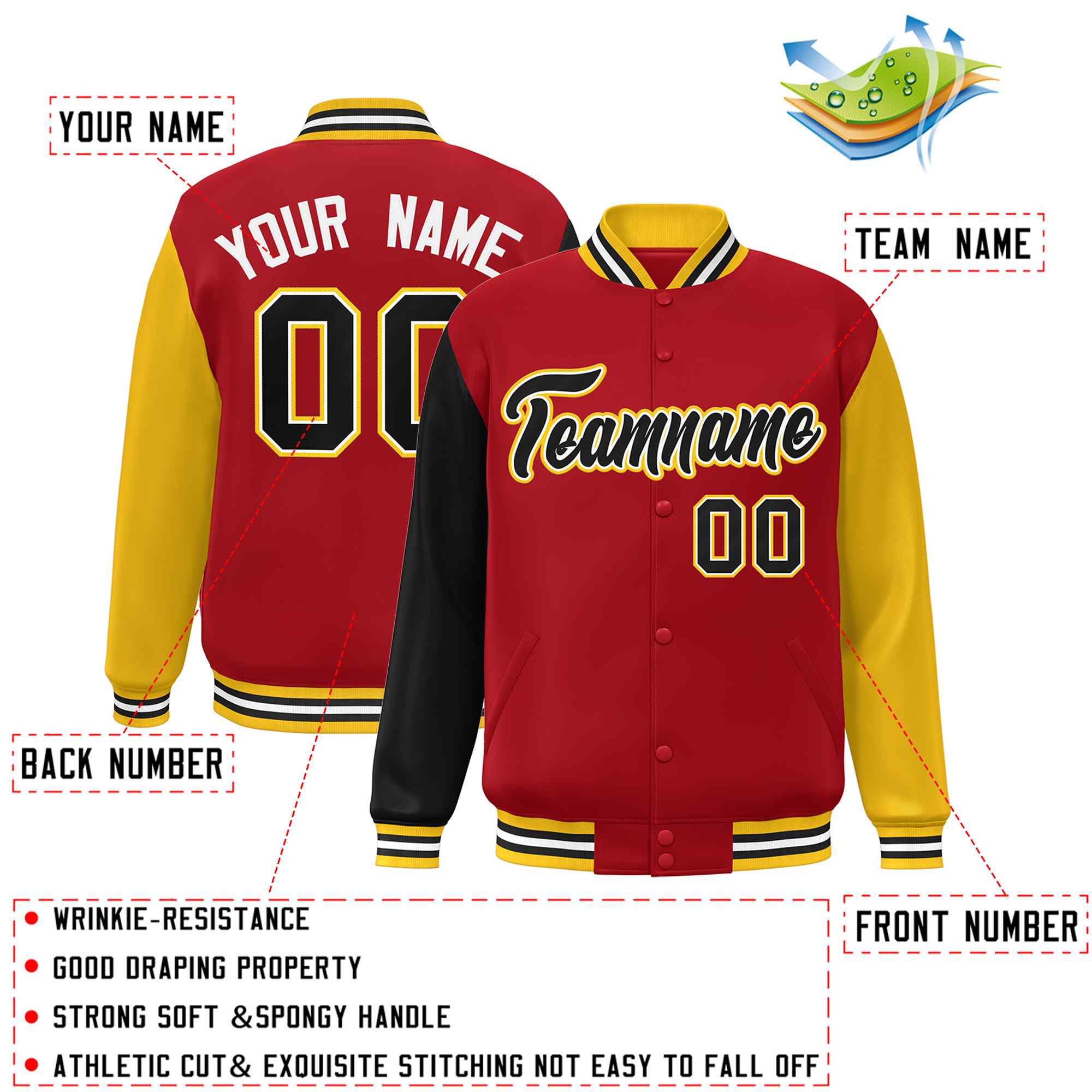 Custom Red Black-White Raglan Sleeves Varsity Full-Snap Letterman Jacket