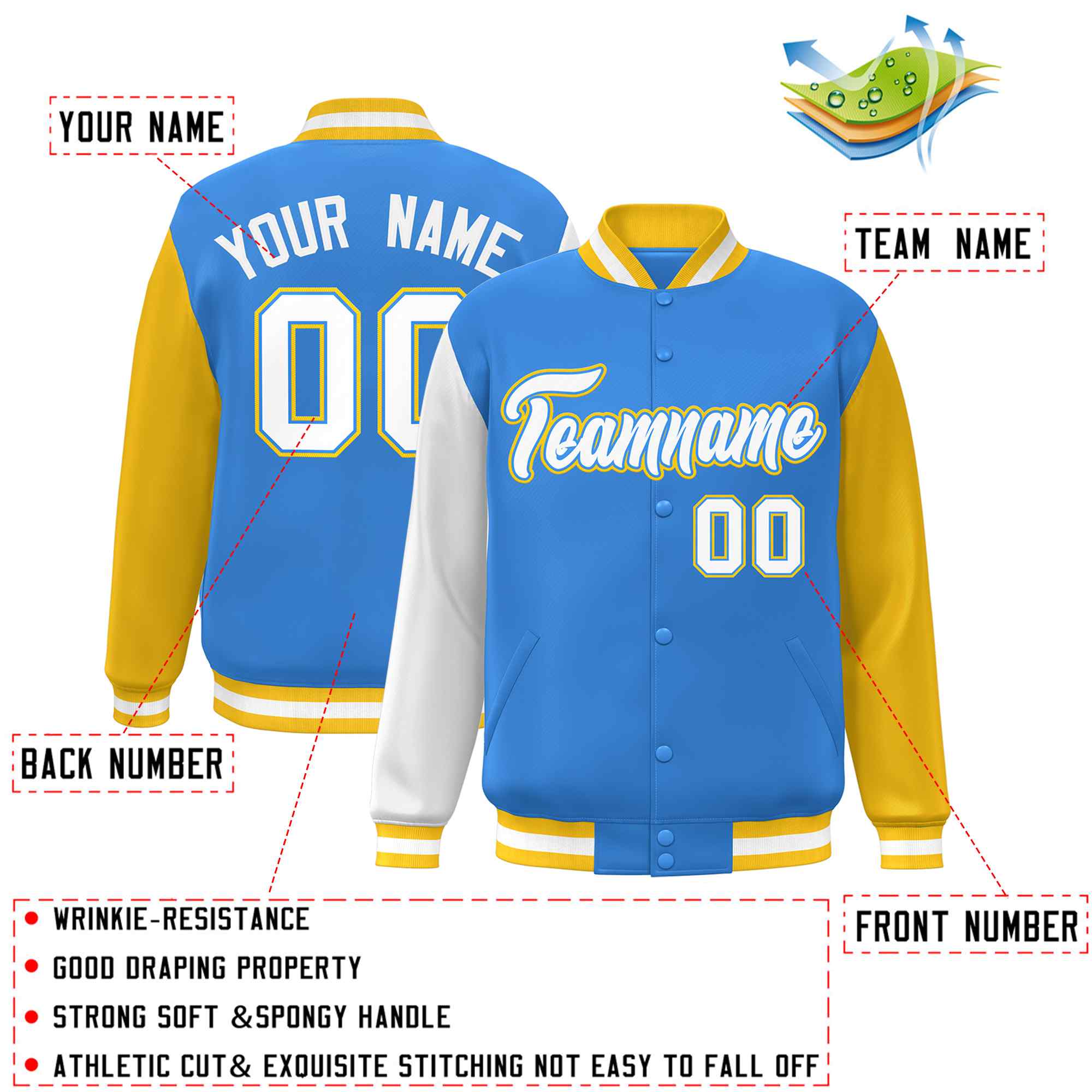Custom Powder Blue White-Powder Blue Raglan Sleeves Varsity Full-Snap Letterman Jacket