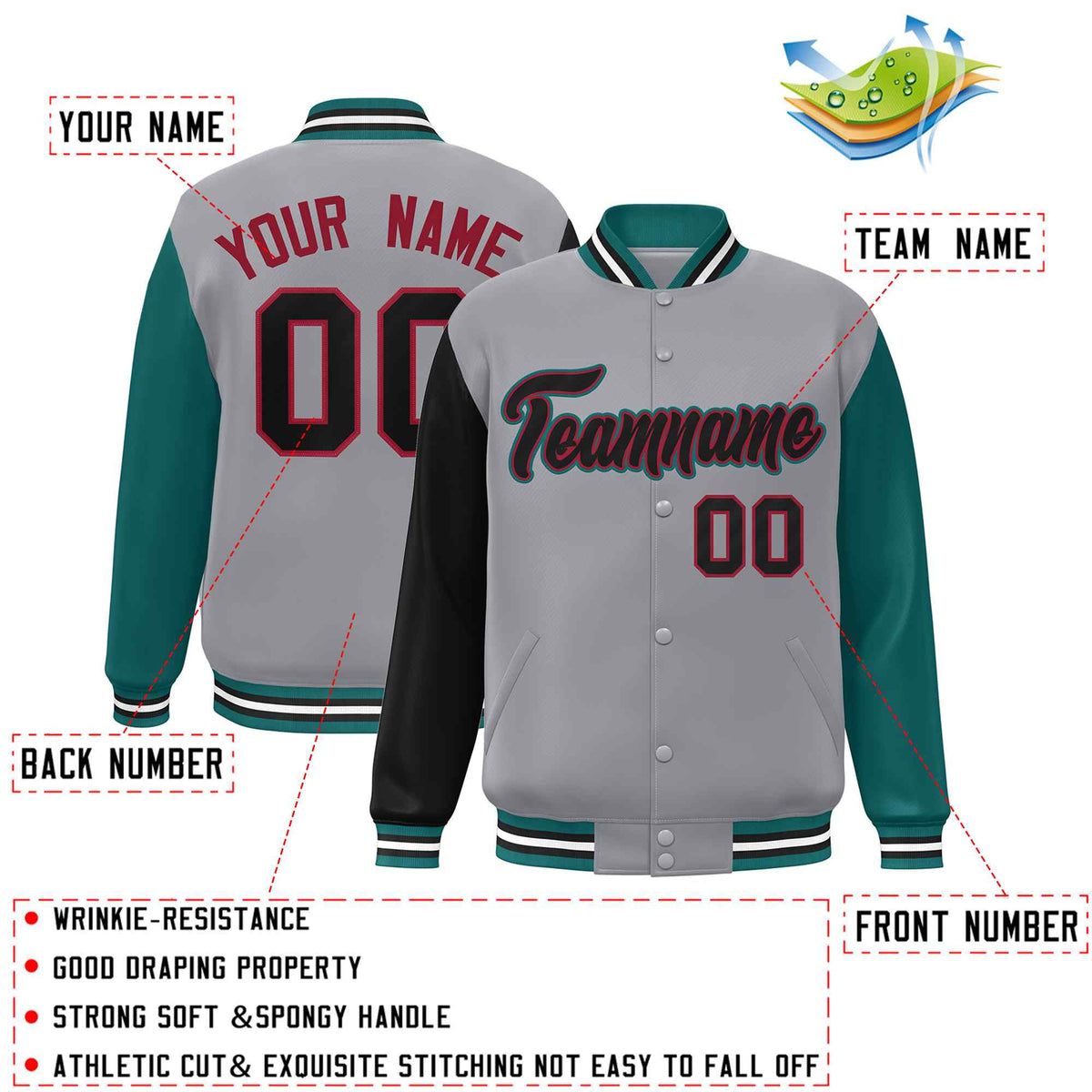 Custom Gray Black-Crimson Raglan Sleeves Varsity Full-Snap Letterman Jacket