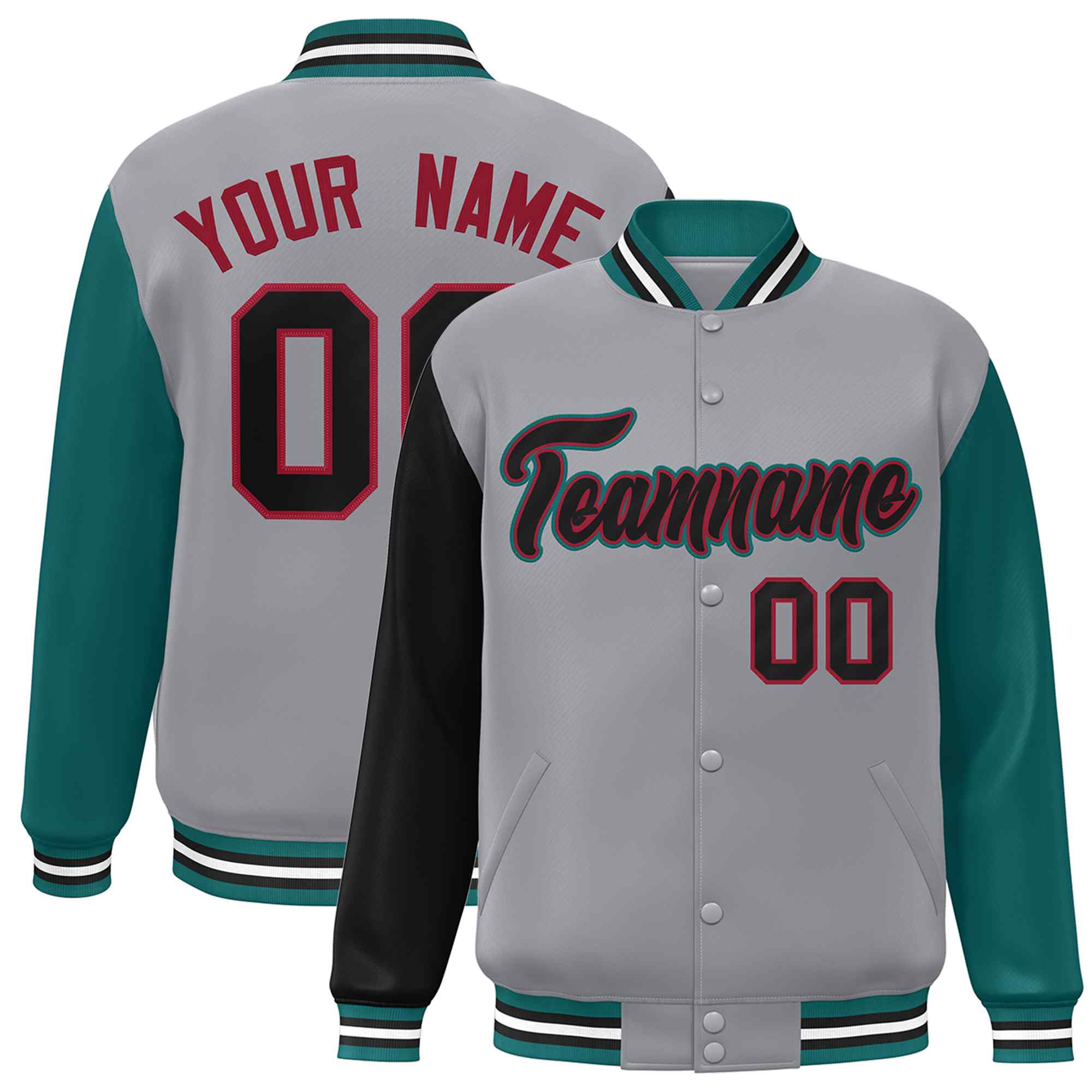 Custom Gray Black-Crimson Raglan Sleeves Varsity Full-Snap Letterman Jacket