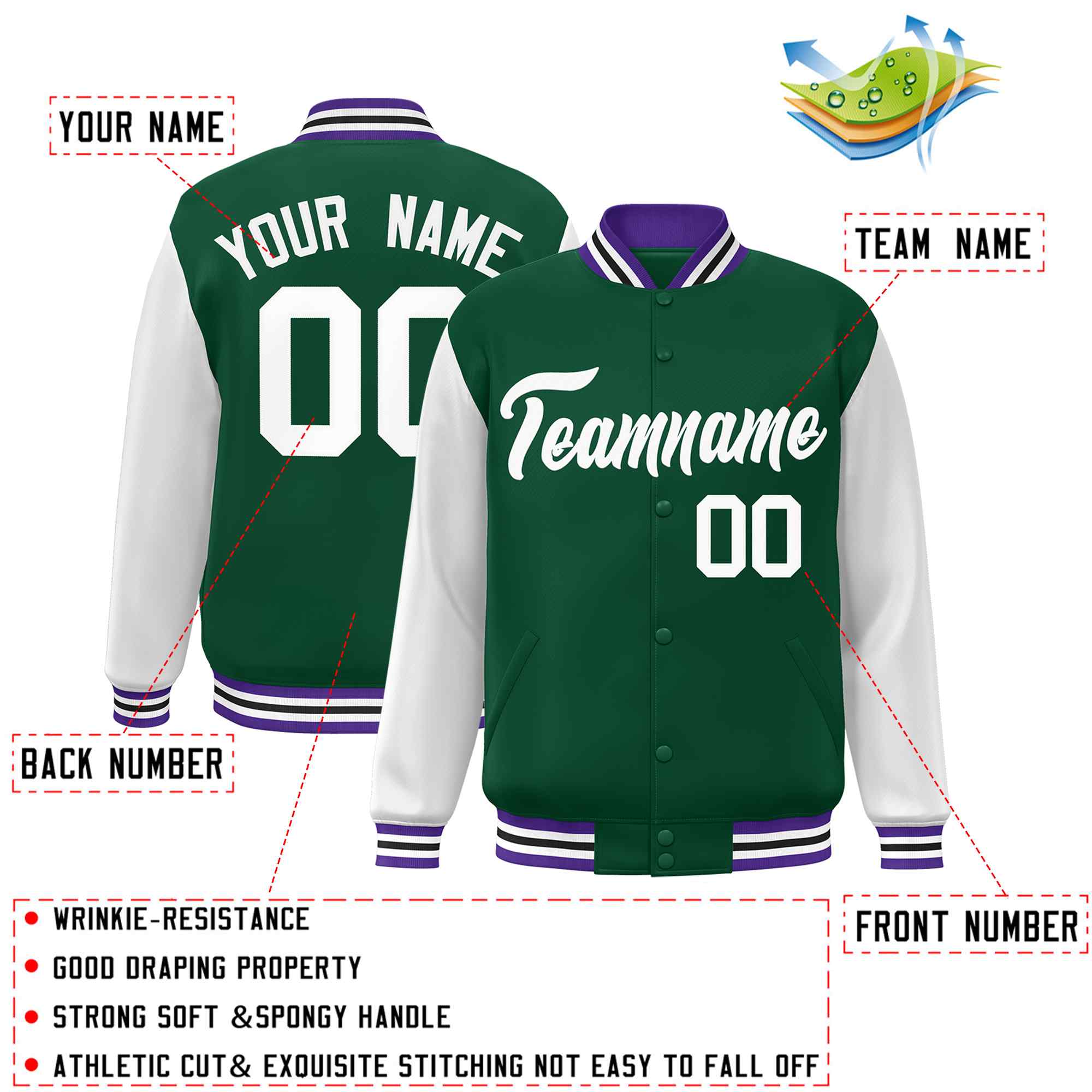 Custom Green White Raglan Sleeves Varsity Full-Snap Letterman Jacket