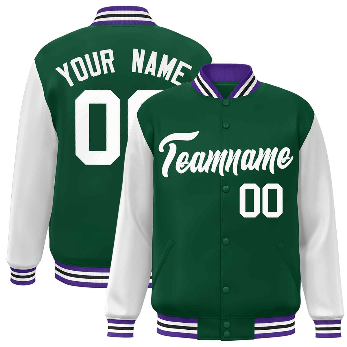 Custom Green White Raglan Sleeves Varsity Full-Snap Letterman Jacket | KXKSHOP