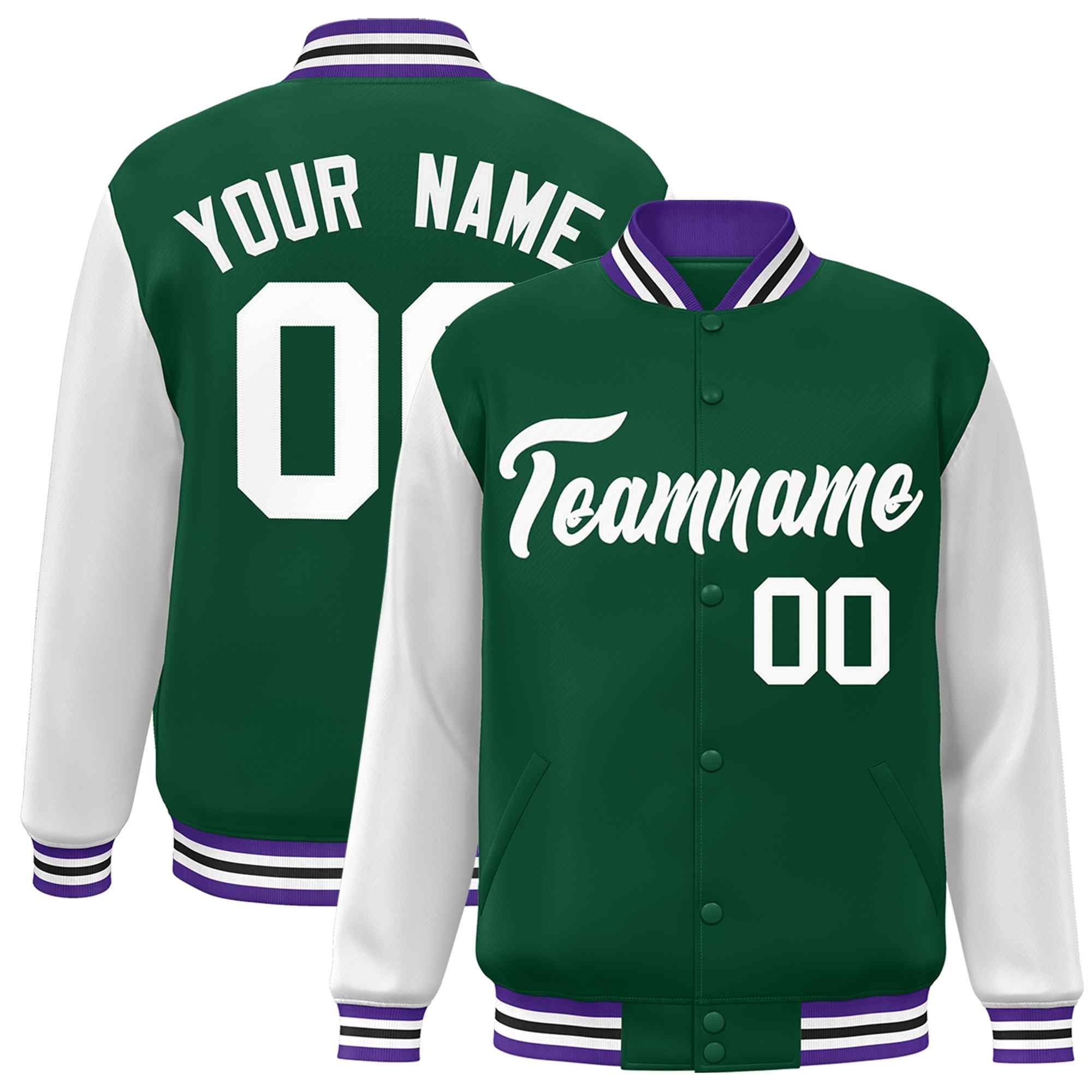 Custom Green White Raglan Sleeves Varsity Full-Snap Letterman Jacket