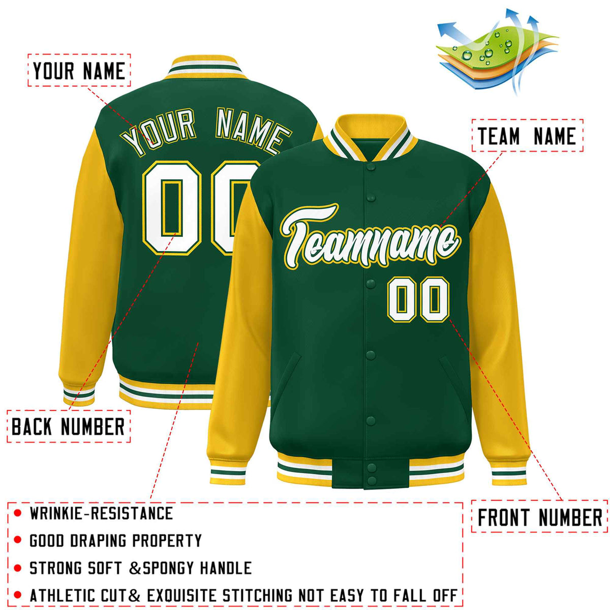 Custom Green White Raglan Sleeves Varsity Full-Snap Letterman Jacket | KXKSHOP