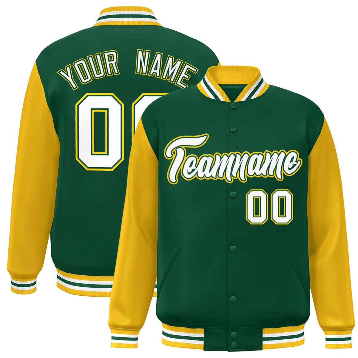 Custom Green White Raglan Sleeves Varsity Full-Snap Letterman Jacket | KXKSHOP
