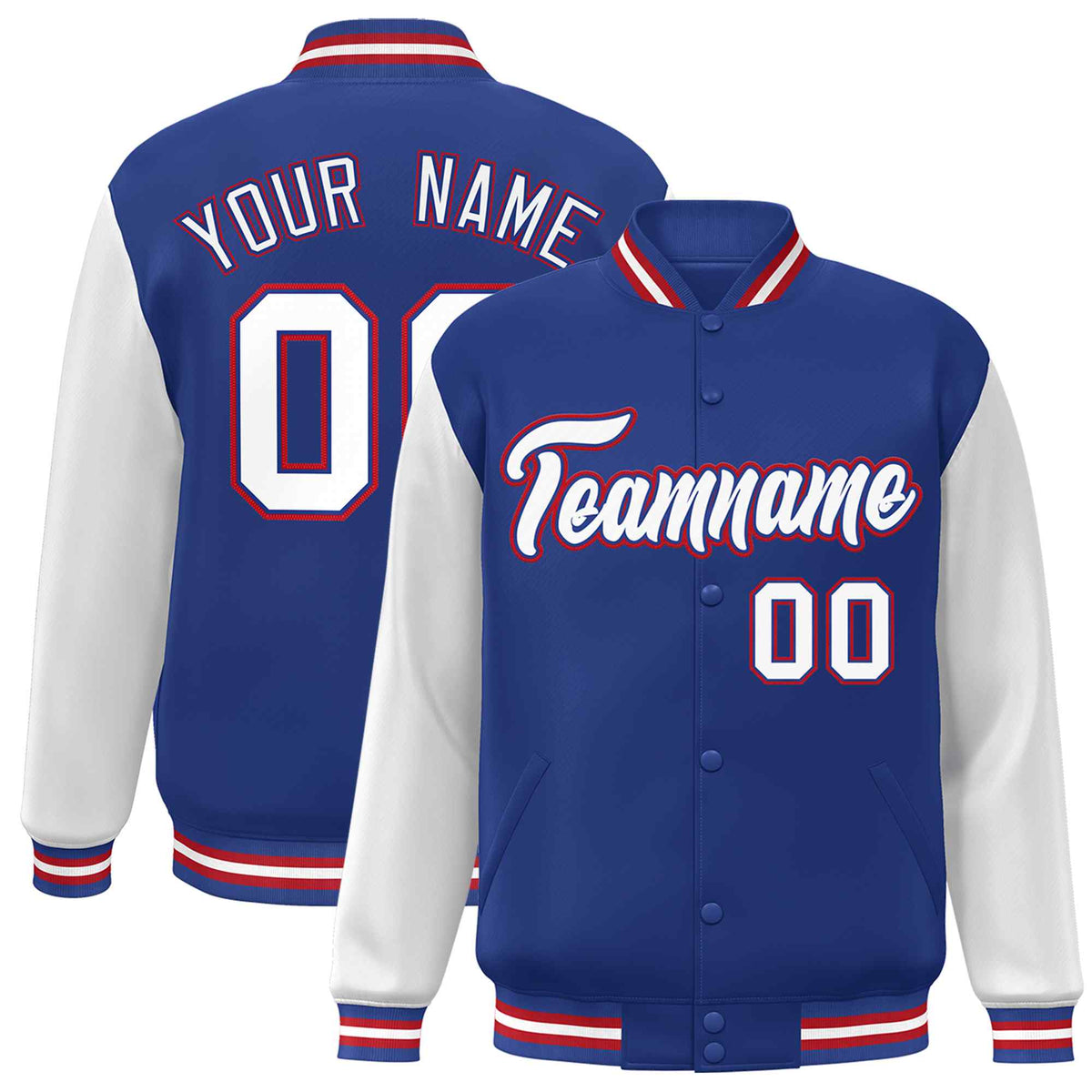 Custom Royal White-Royal Raglan Sleeves Varsity Full-Snap Letterman Jacket
