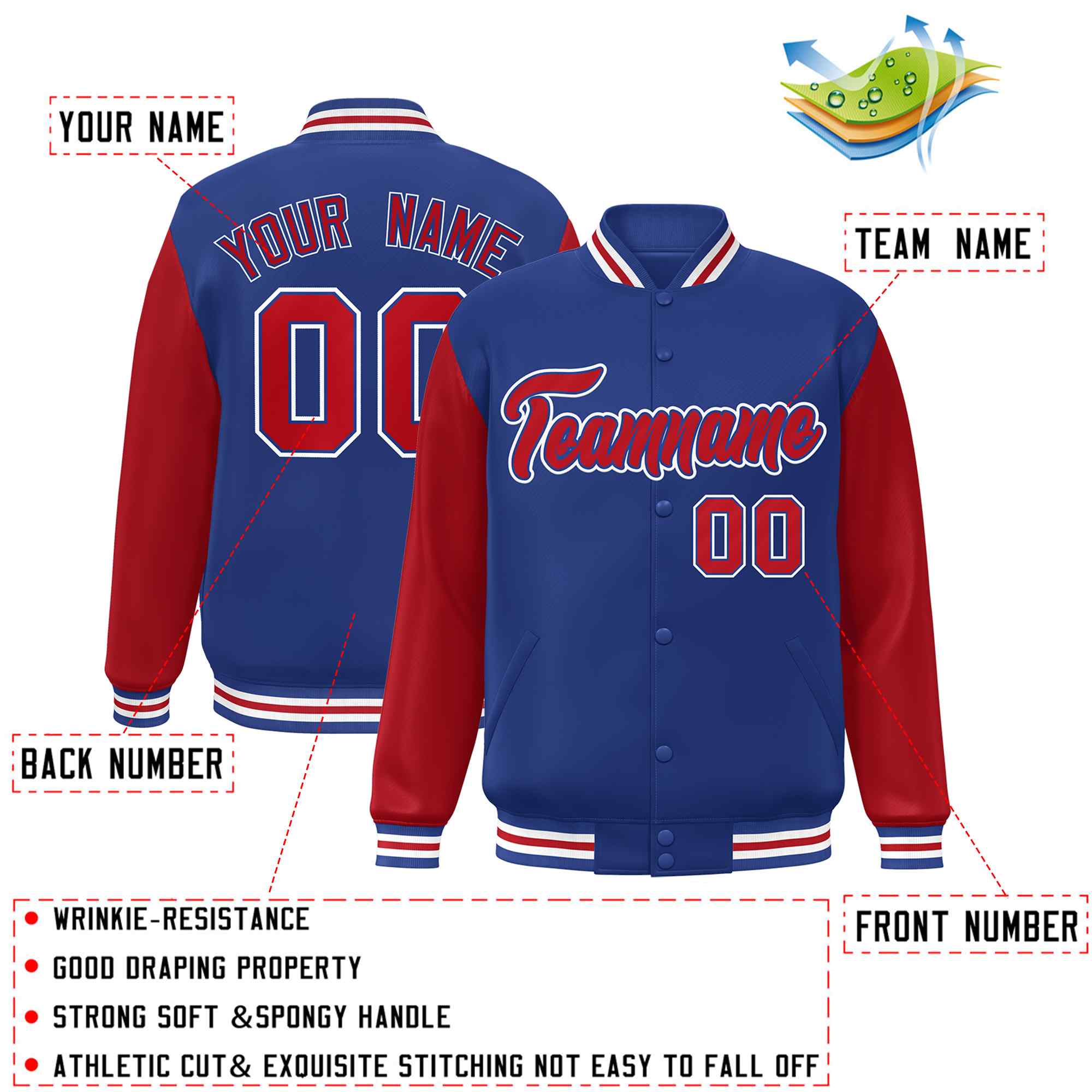 Custom Royal Red-Royal Raglan Sleeves Varsity Full-Snap Letterman Jacket