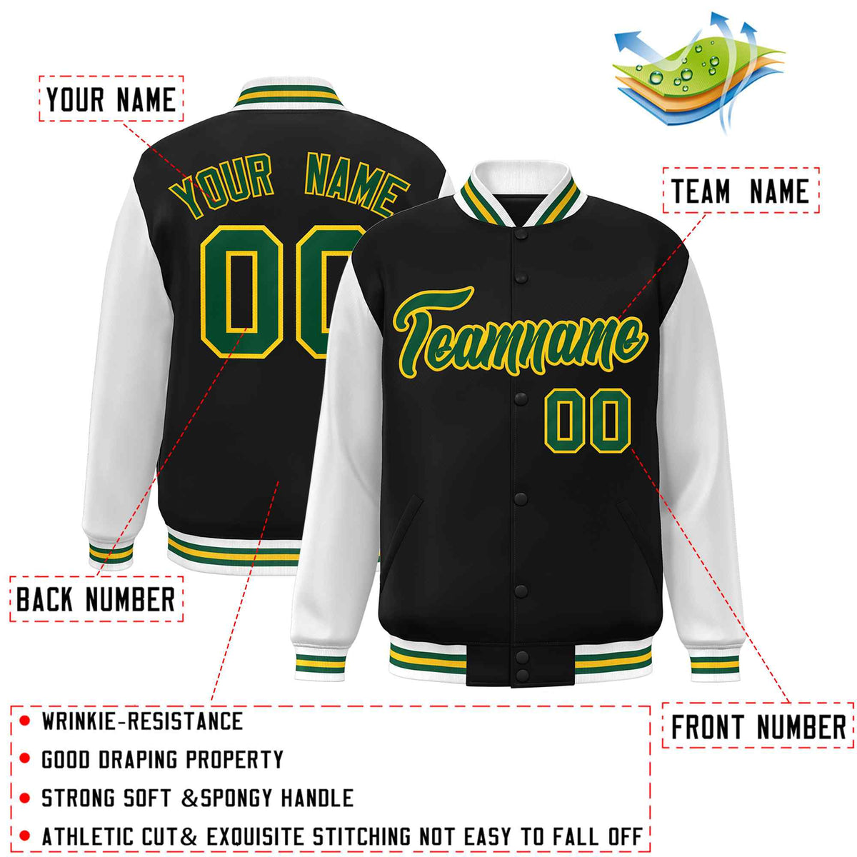 Custom Green White Raglan Sleeves Varsity Full-Snap Letterman Jacket | KXKSHOP