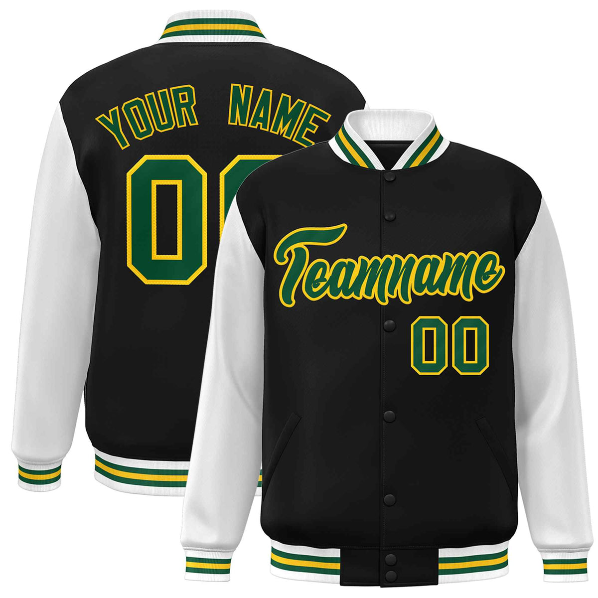 Custom Green White Raglan Sleeves Varsity Full-Snap Letterman Jacket | KXKSHOP