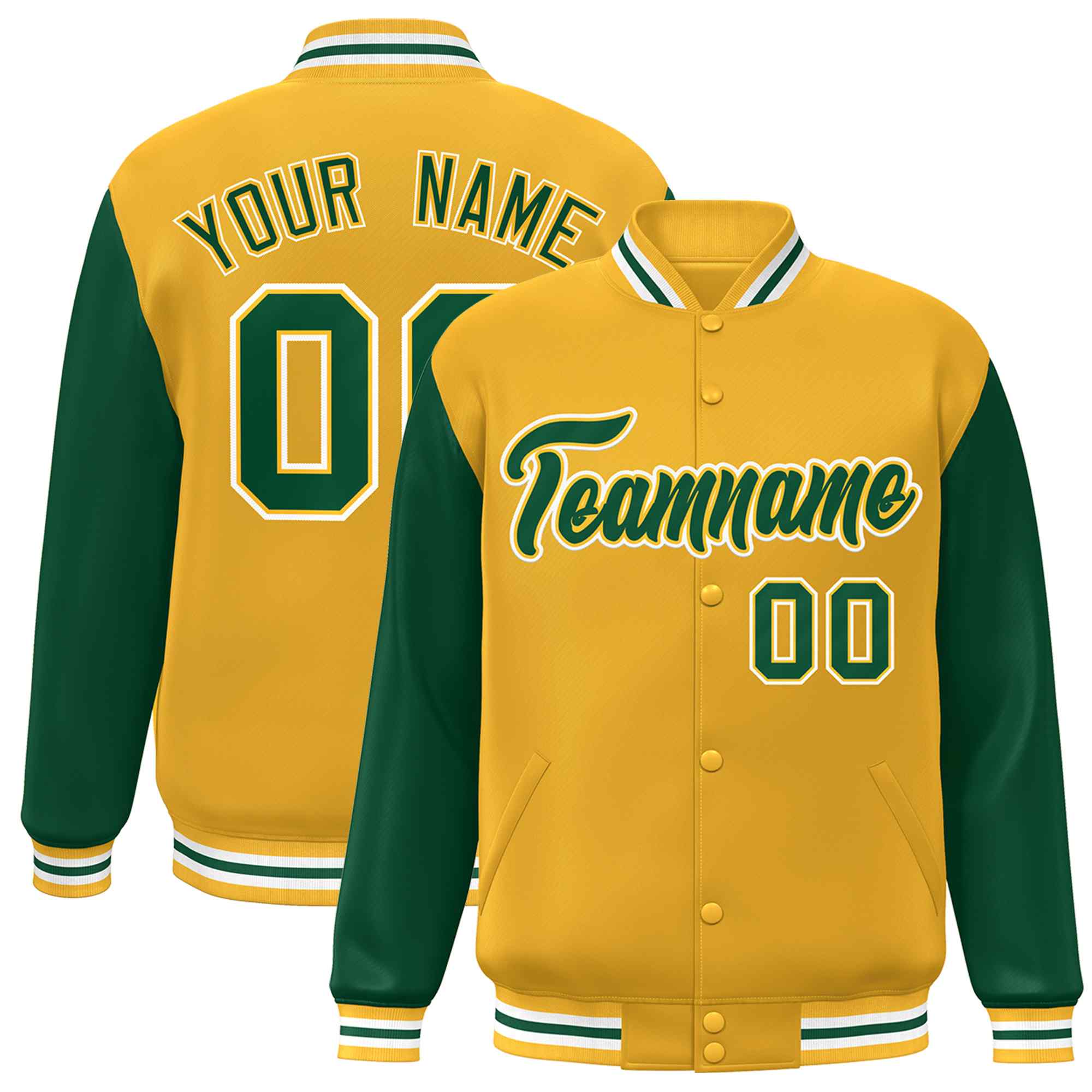 Custom Green White Raglan Sleeves Varsity Full-Snap Letterman Jacket | KXKSHOP